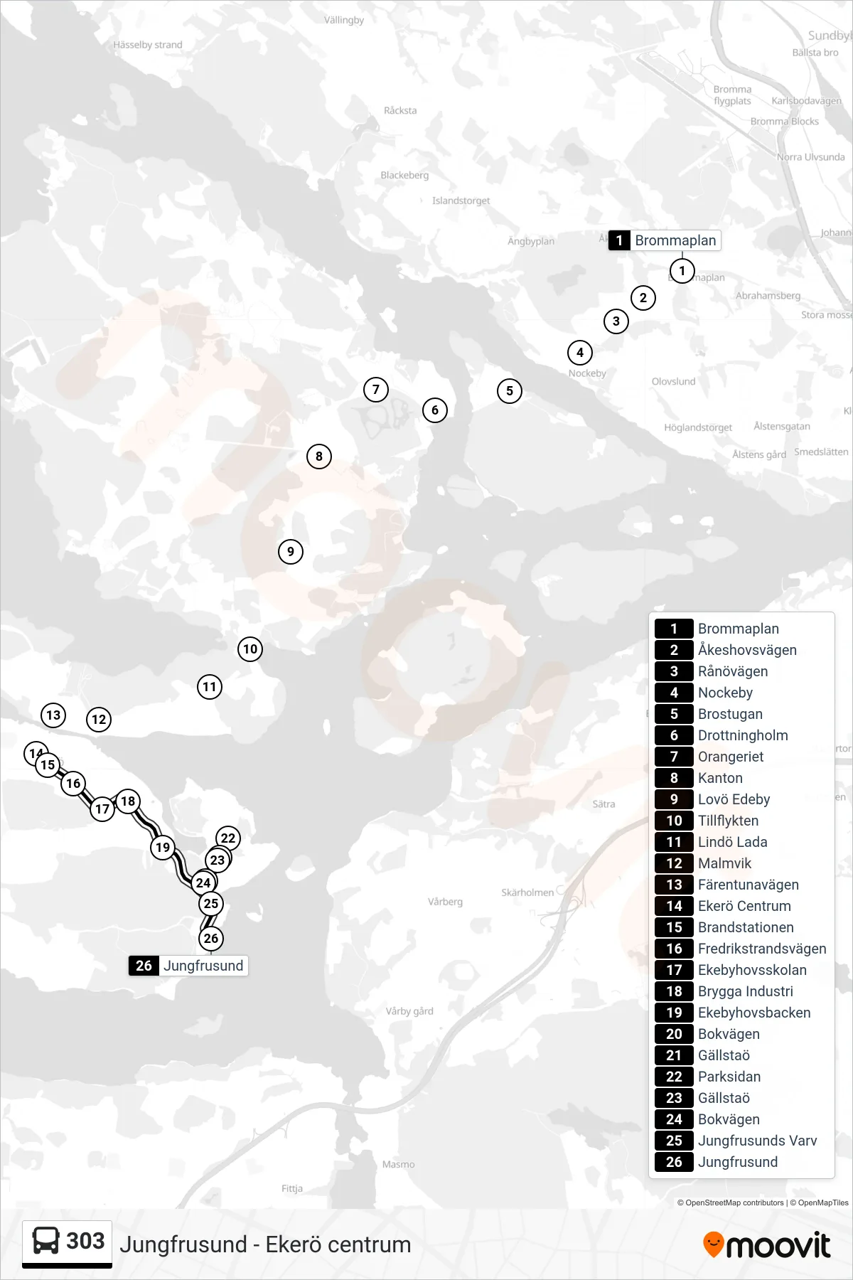 Rutt och hållplatser på karta för linje 303 buss, (Jungfrusund)