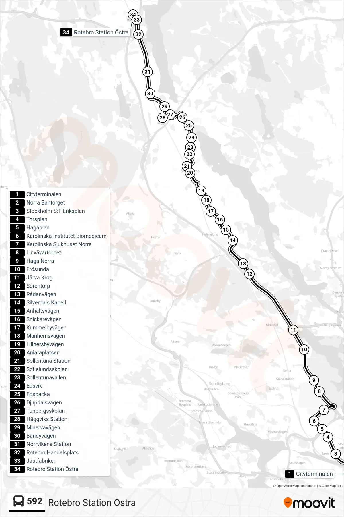 Rutt och hållplatser på karta för linje 592  buss, (Rotebro Station Östra)
