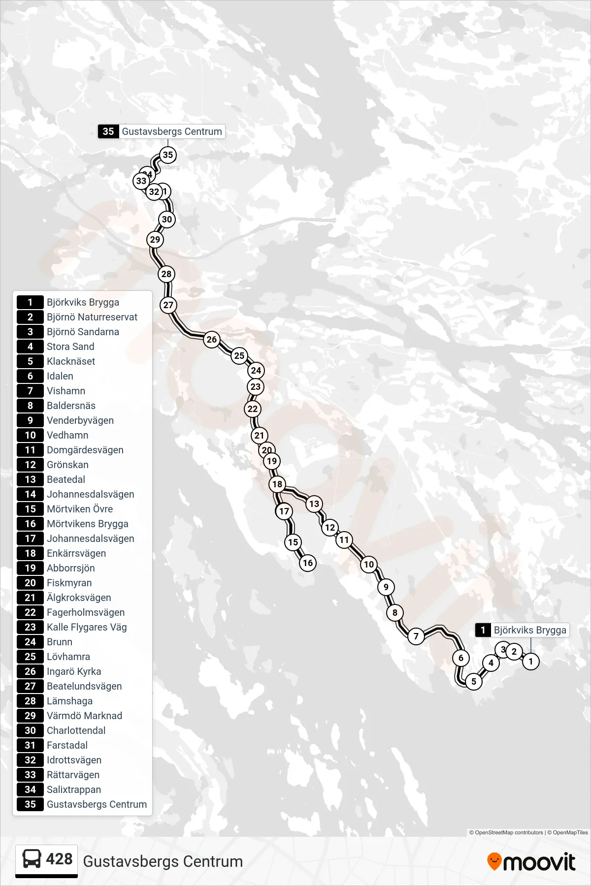 Rutt och hållplatser på karta för linje 428 buss, (Gustavsbergs Centrum)