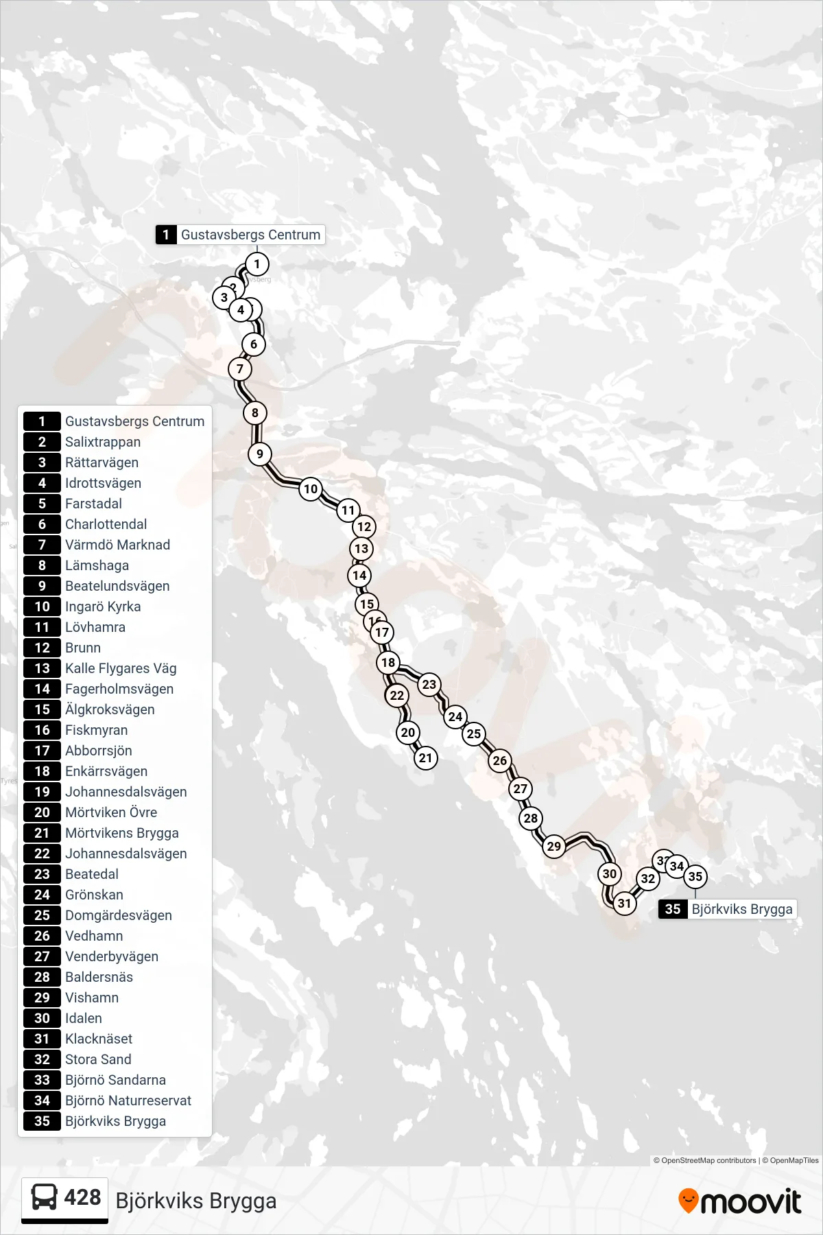 Rutt och hållplatser på karta för linje 428 buss, (Björkviks Brygga)