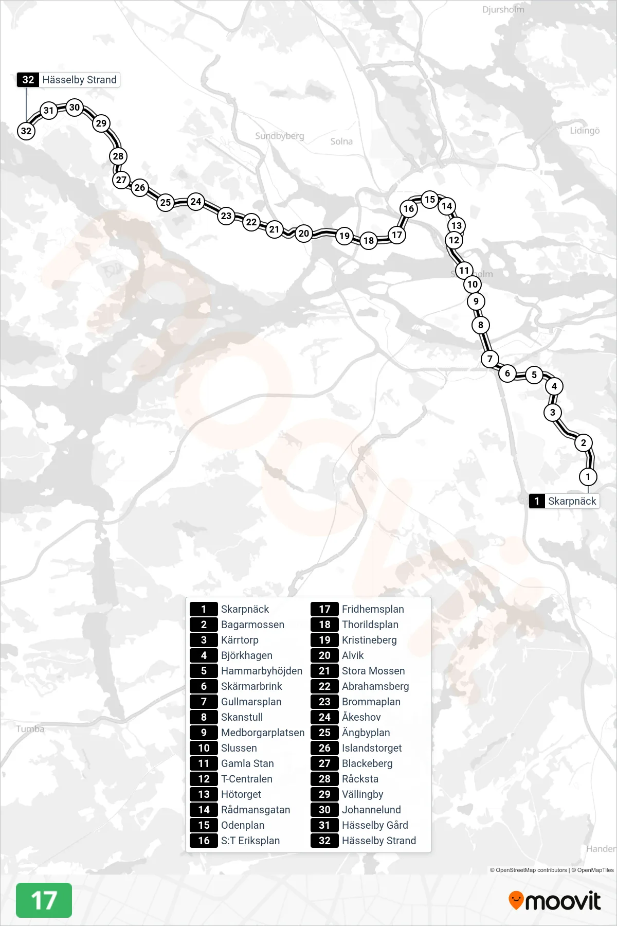 Rutt och hållplatser på karta för linje 17  tunnelbana, (Nordväst)