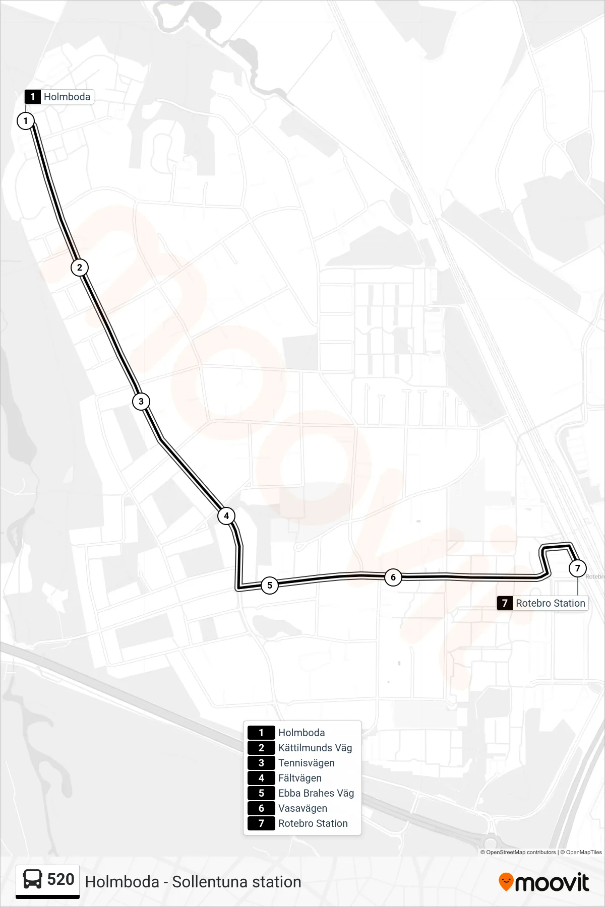 Rutt och hållplatser på karta för linje 520  buss, (Rotebro Station)
