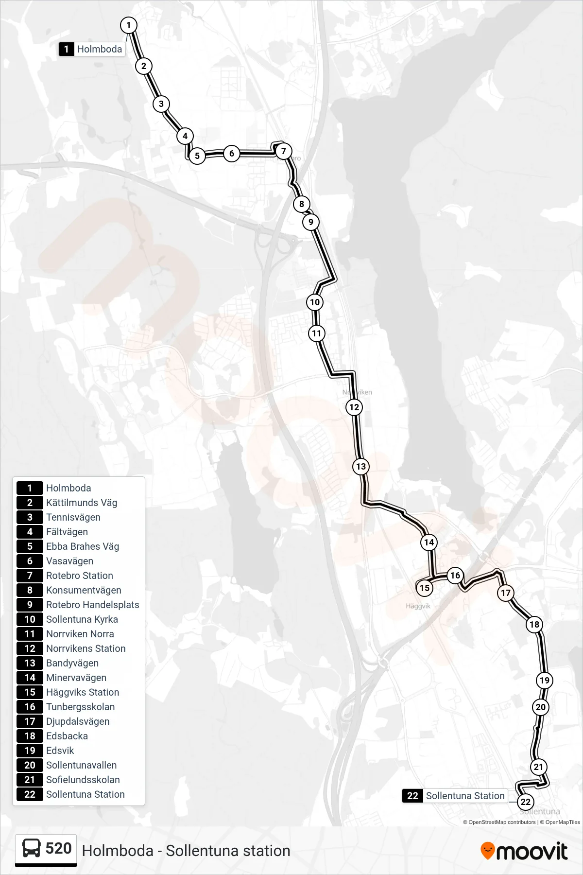 Rutt och hållplatser på karta för linje 520 buss, (Sollentuna Station)