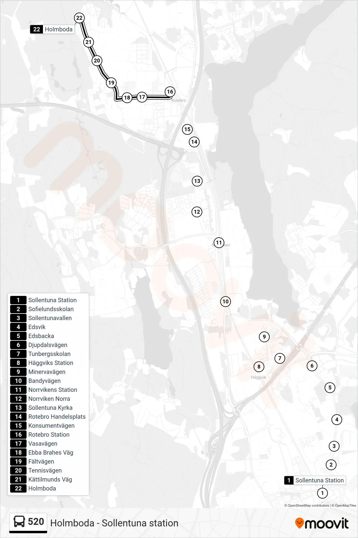 Rutt och hållplatser på karta för linje 520  buss, (Holmboda)