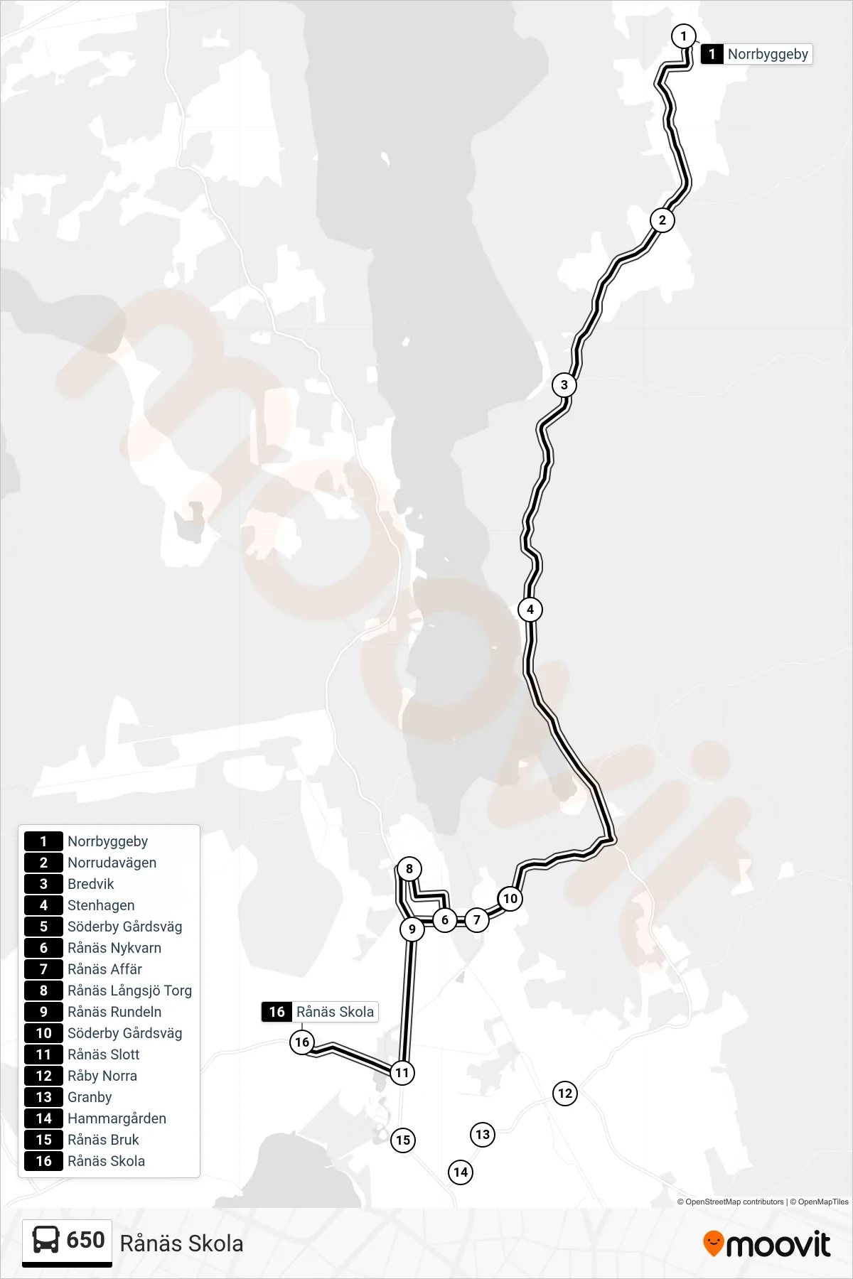 Rutt och hållplatser på karta för linje 650  buss, (Rånäs Skola)