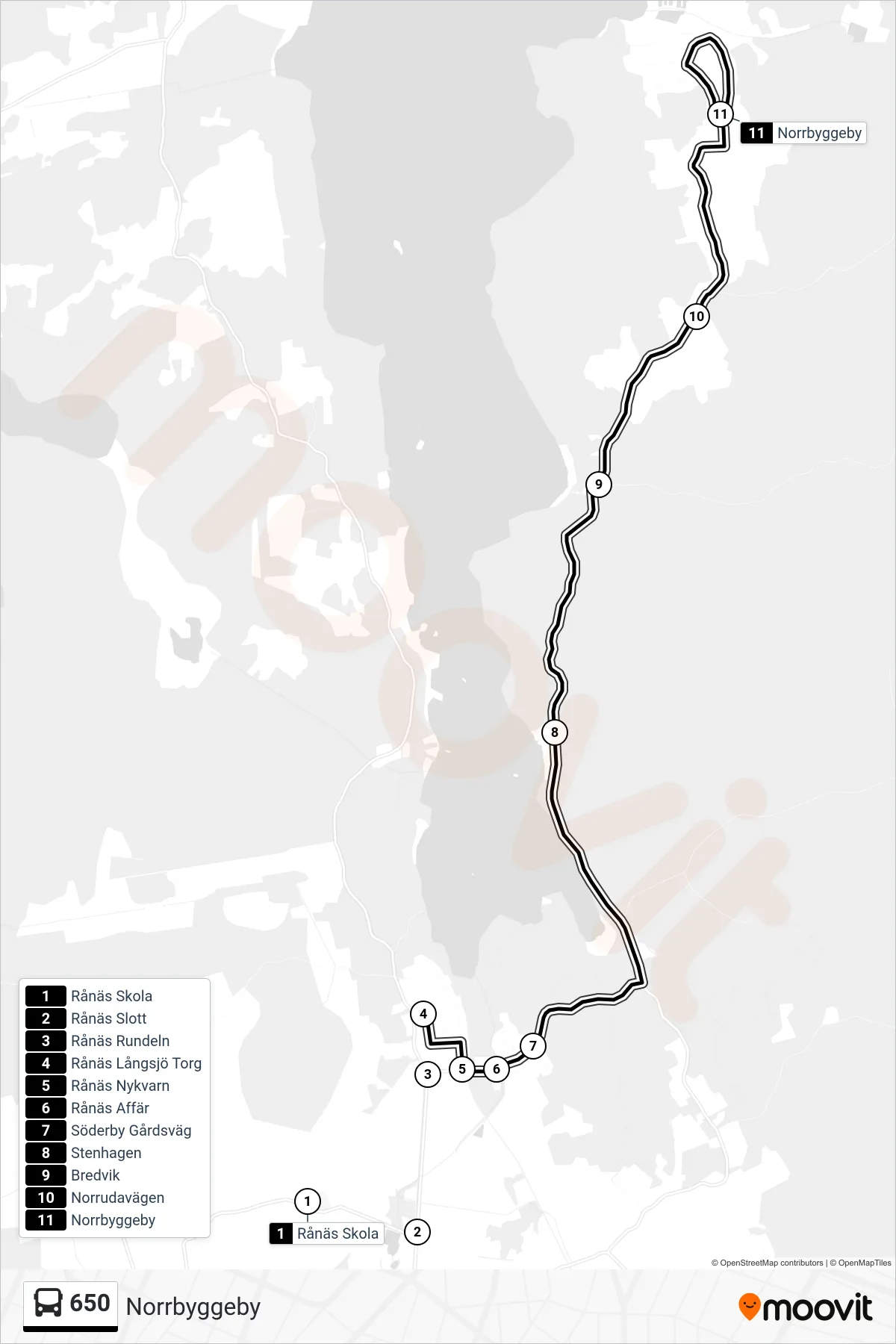Rutt och hållplatser på karta för linje 650  buss, (Norrbyggeby)