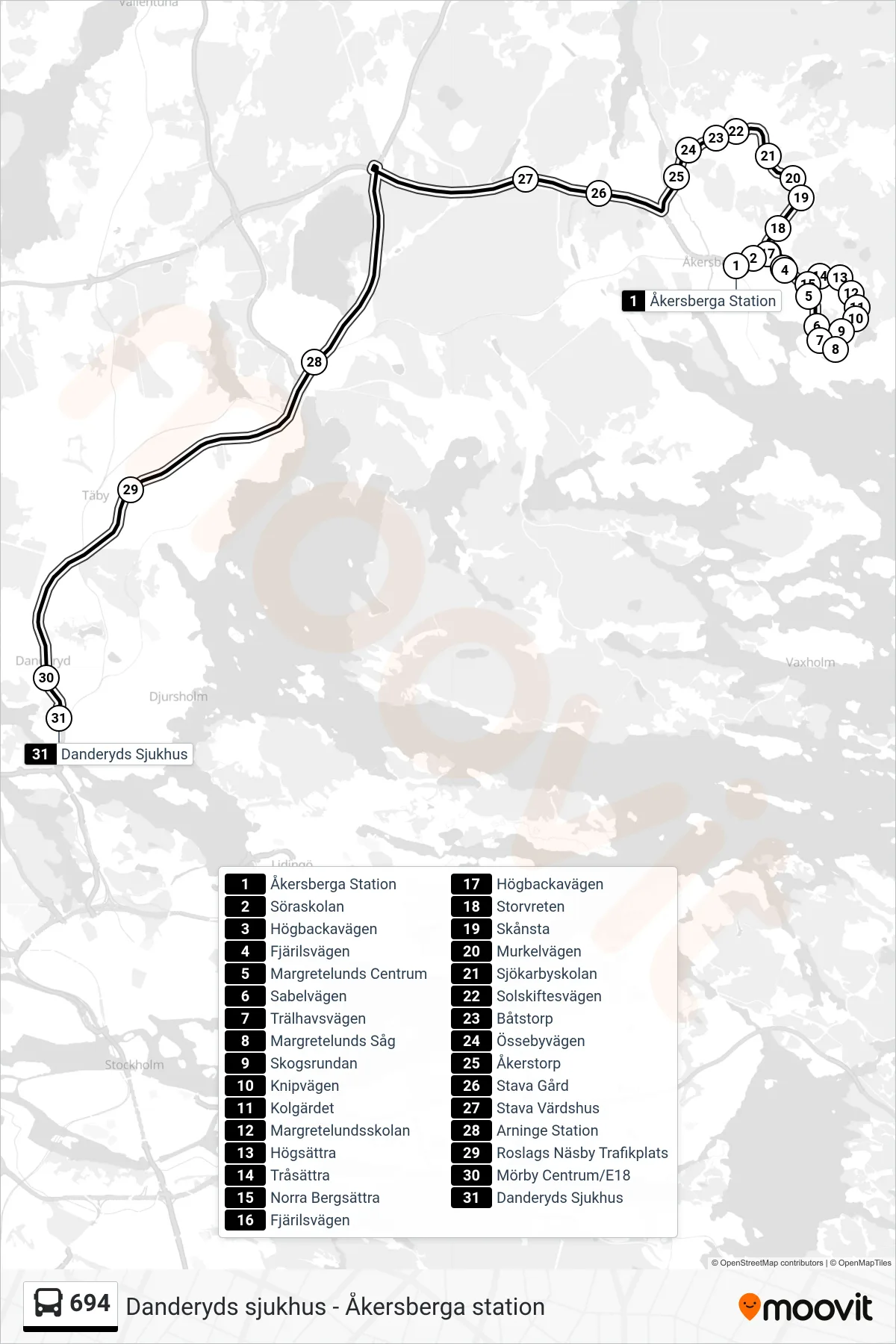 Rutt och hållplatser på karta för linje 694 buss, (Danderyds Sjukhus)