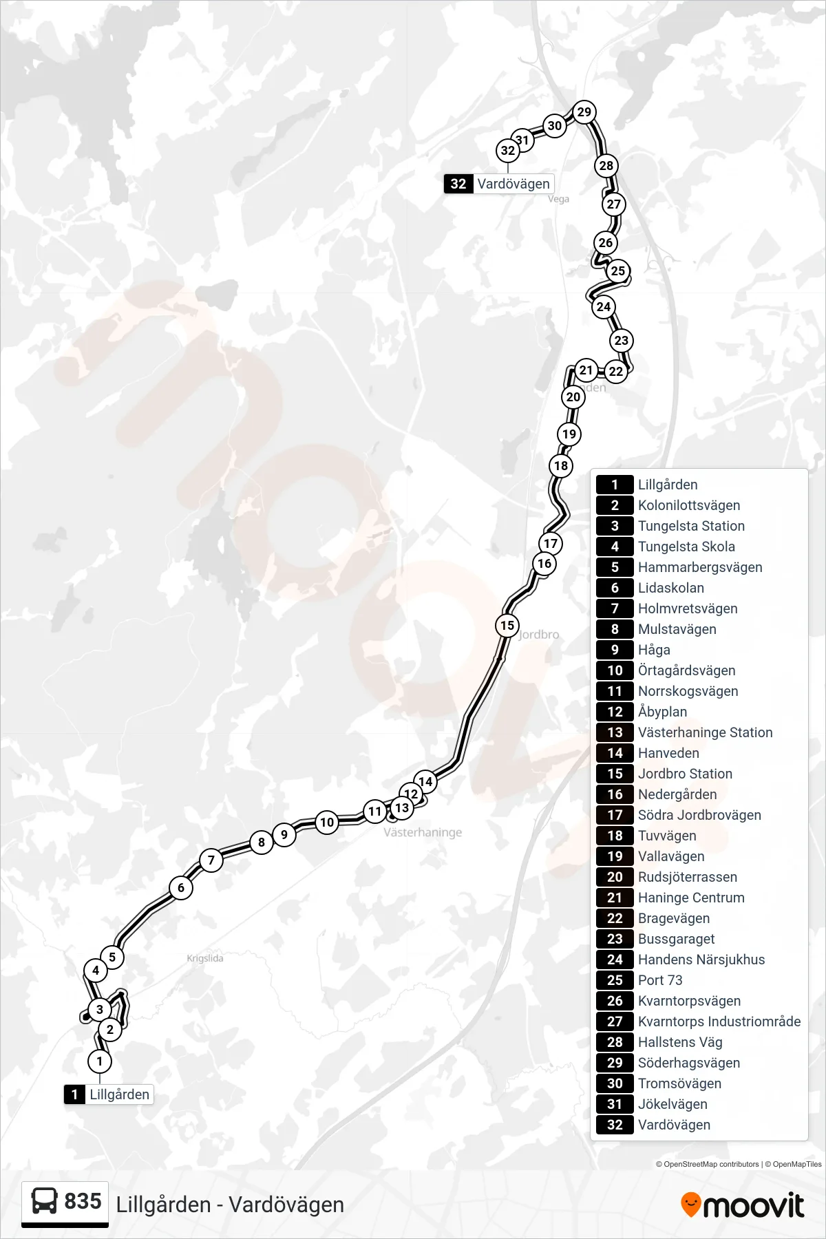 Rutt och hållplatser på karta för linje 835 buss, (Vardövägen)