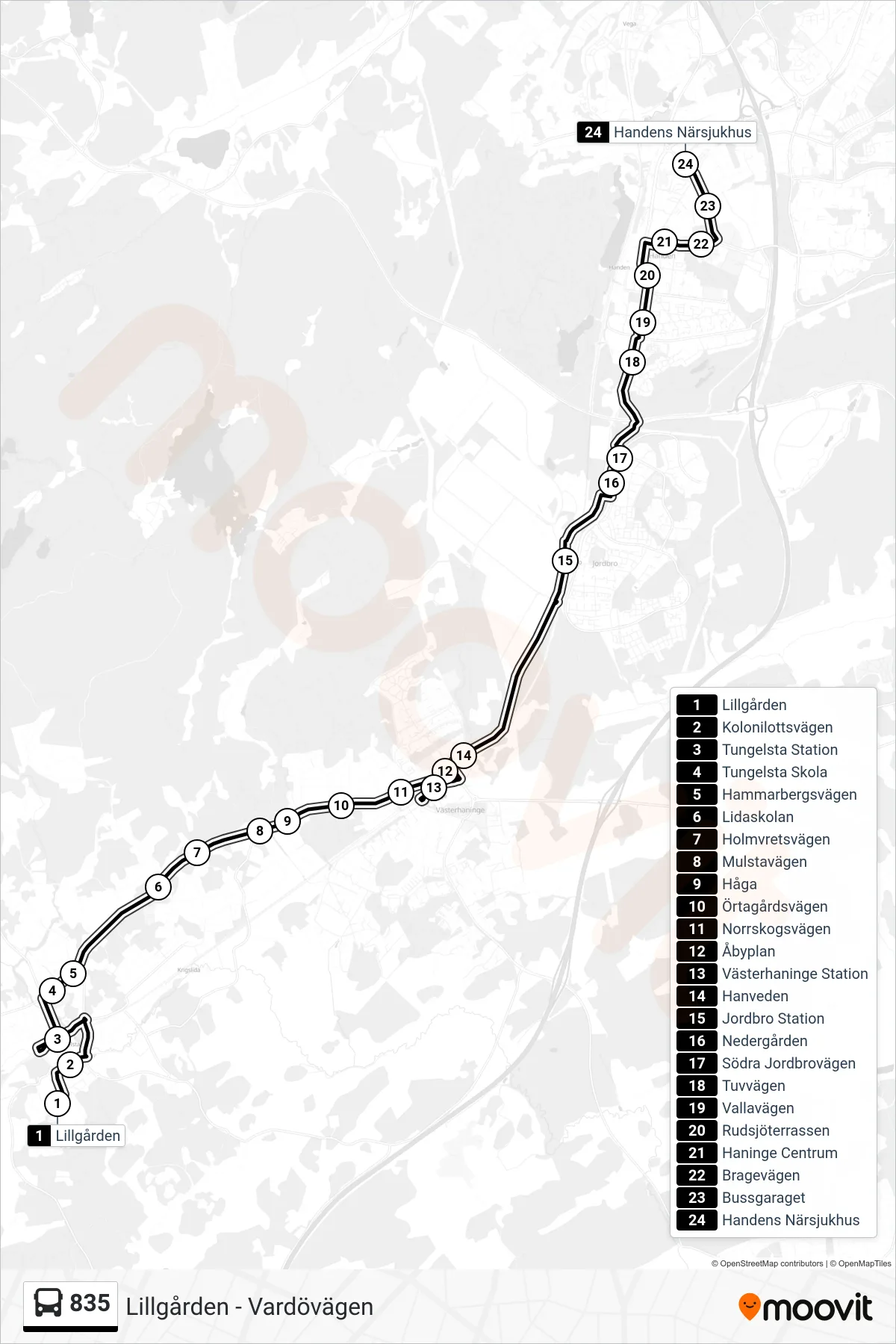 Rutt och hållplatser på karta för linje 835  buss, (Handens Närsjukhus)