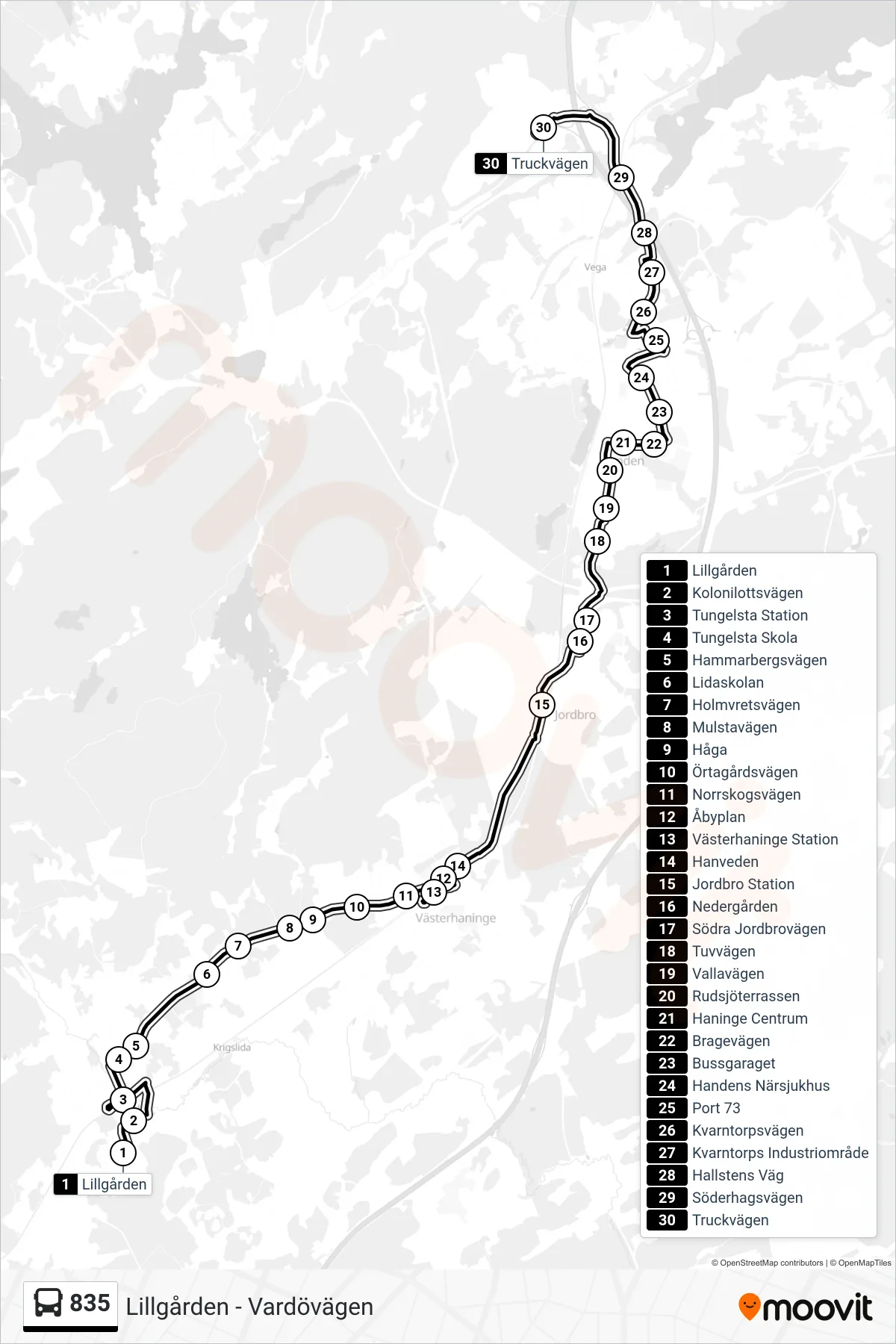 Rutt och hållplatser på karta för linje 835 buss, (Truckvägen)