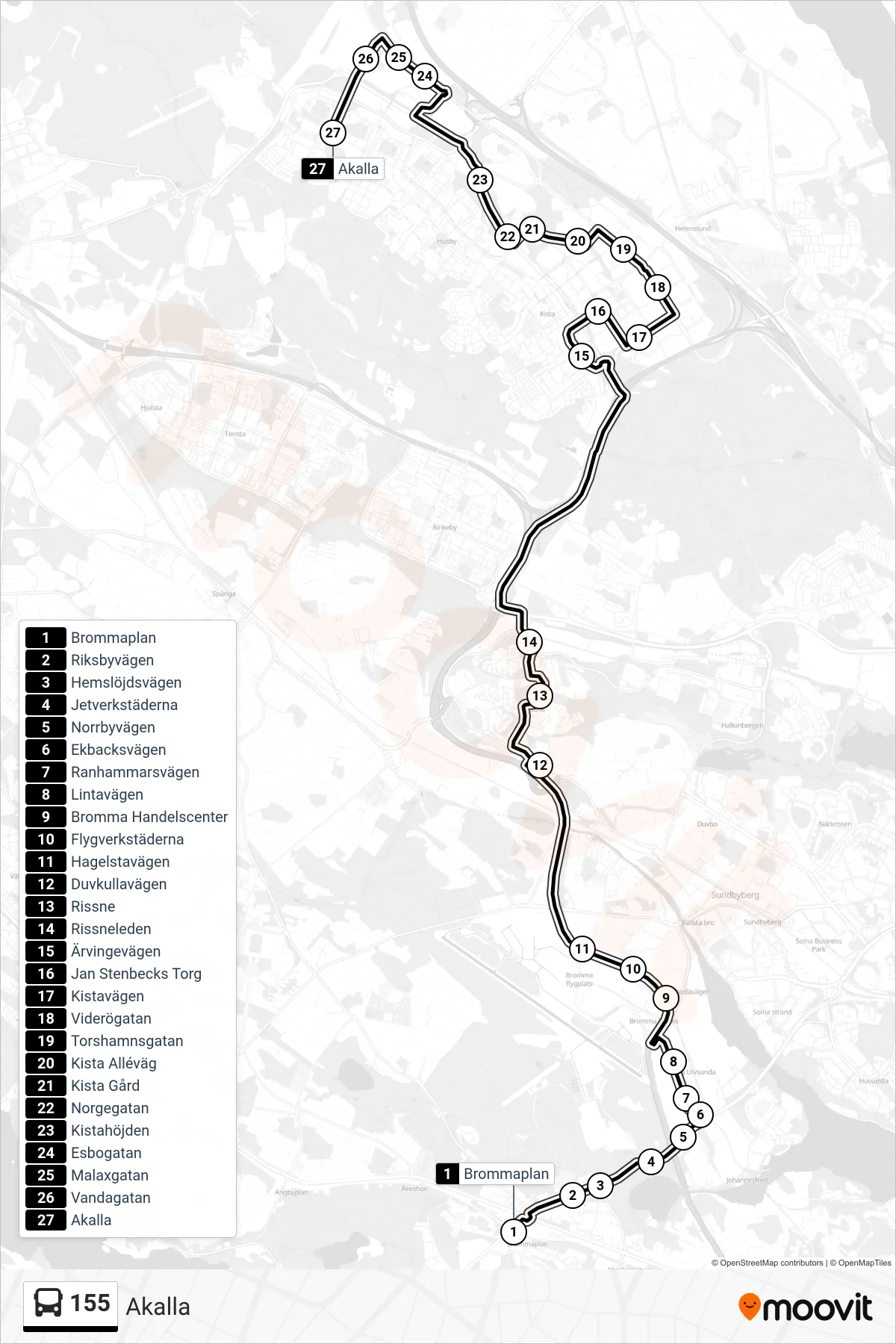 Rutt och hållplatser på karta för linje 155 buss, (Akalla)
