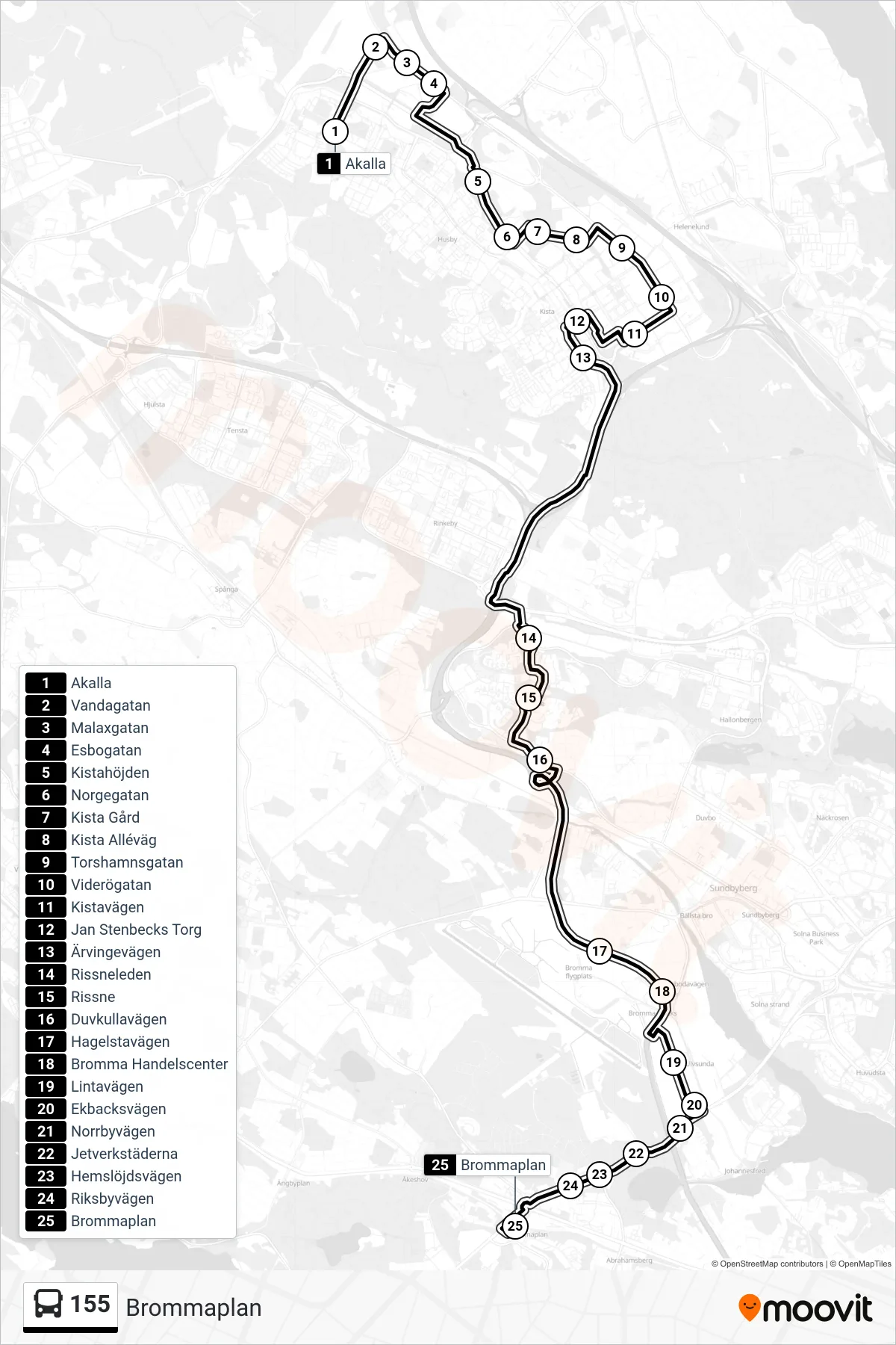 Rutt och hållplatser på karta för linje 155 buss, (Brommaplan)
