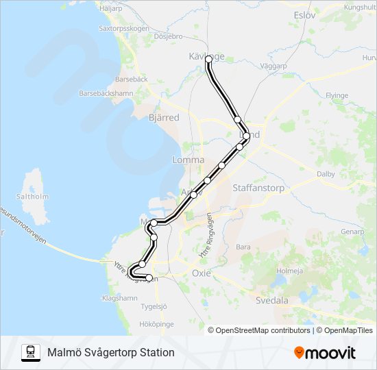 KÄVLINGE STATION - MALMÖ SVÅGERTORP STATION tåg Linje karta