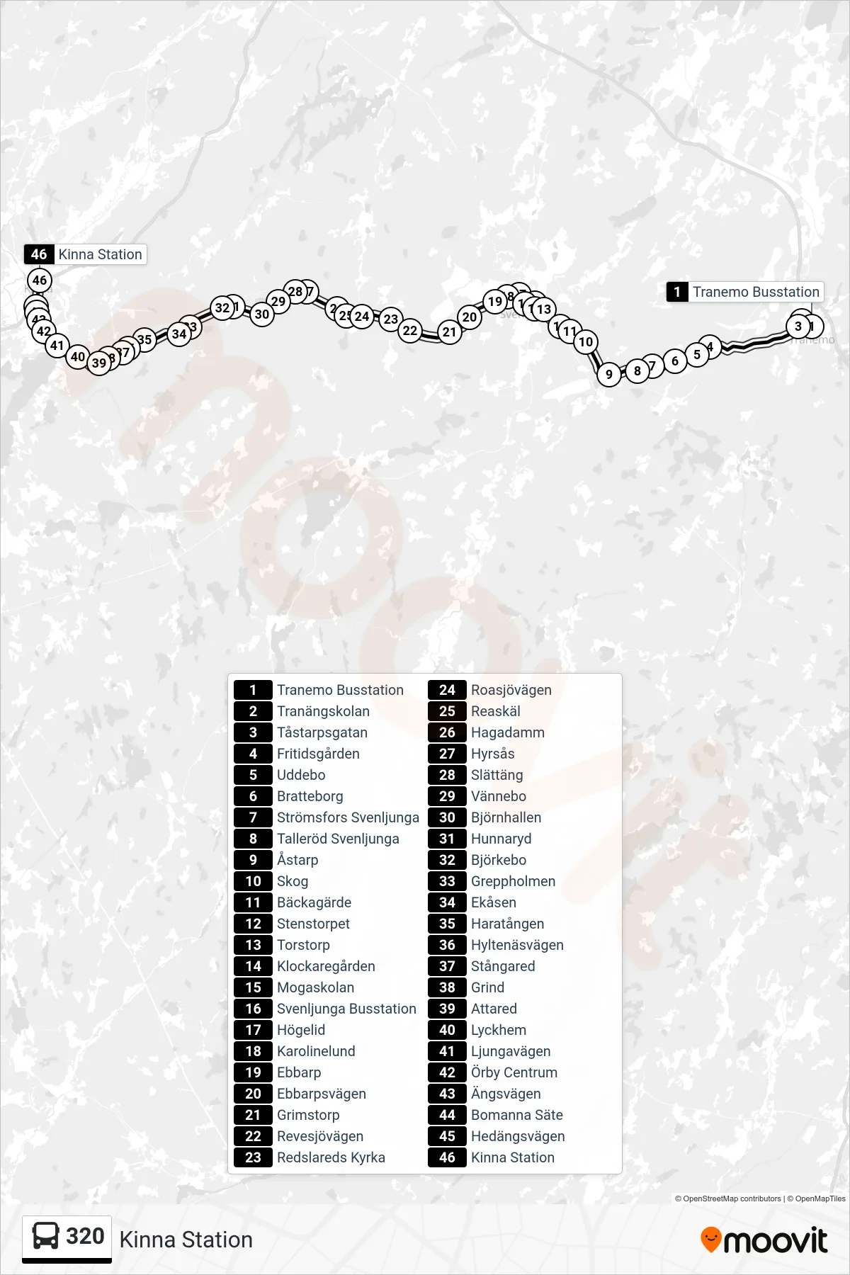 Rutt och hållplatser på karta för linje 320 spårvagn, (Kinna Station)