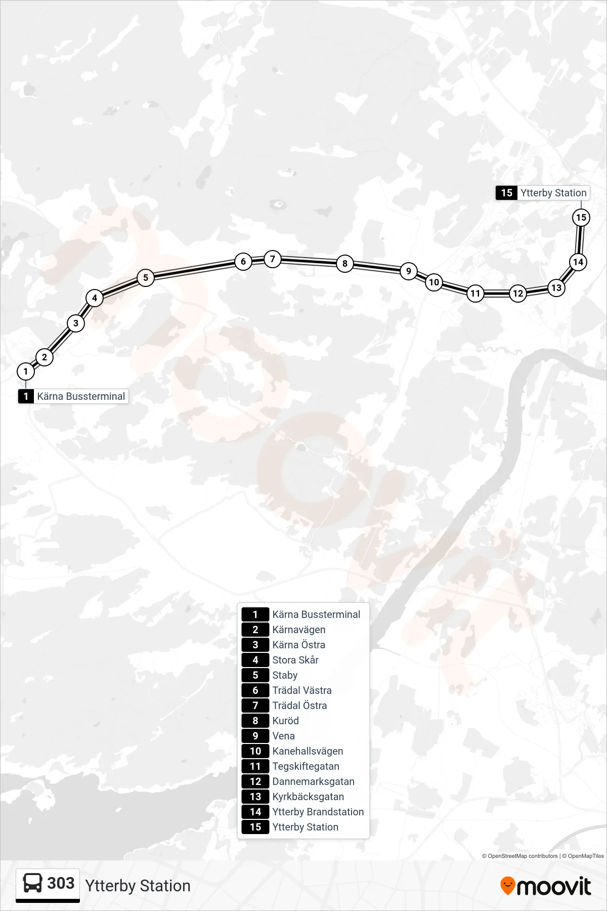 Rutt och hållplatser på karta för linje 303 spårvagn, (Ytterby Station)
