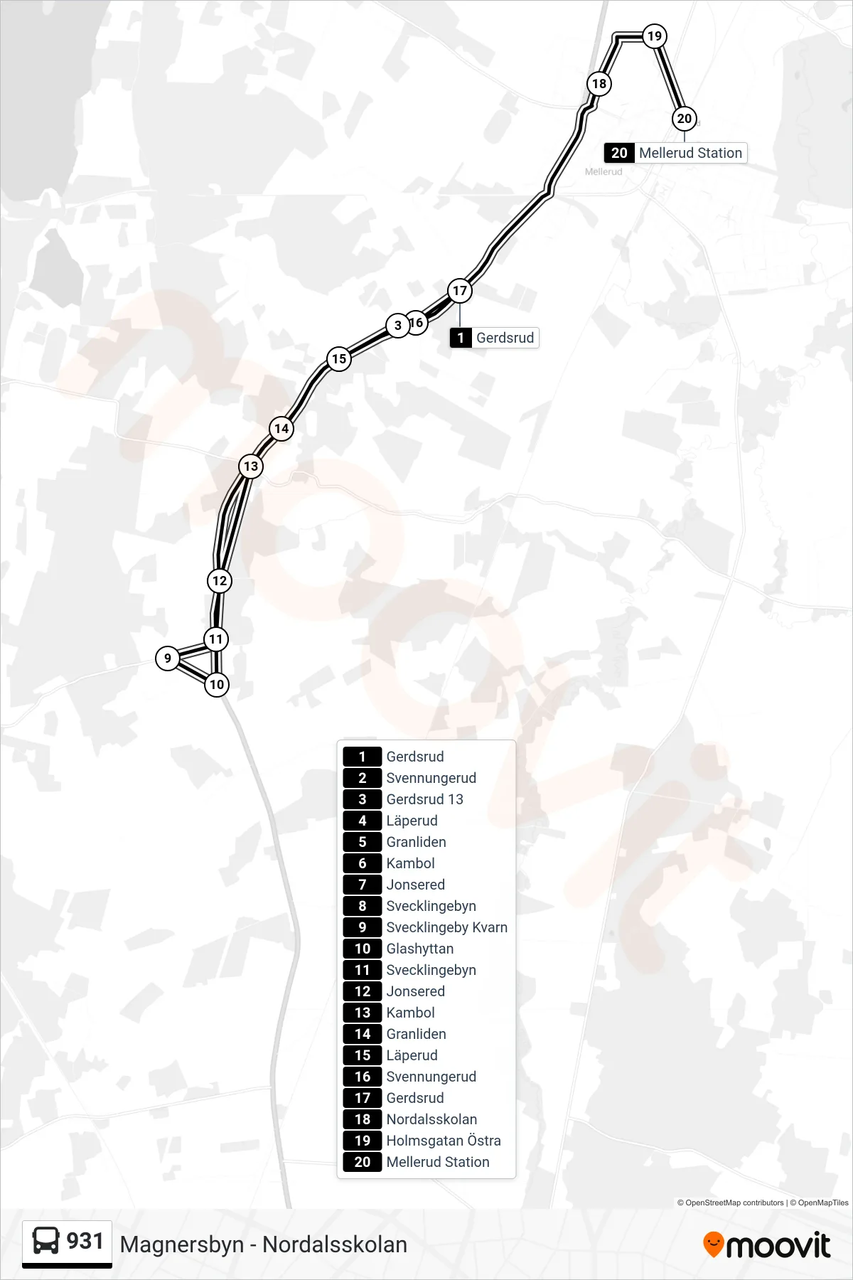 Rutt och hållplatser på karta för linje 931 spårvagn, (Mellerud Station)