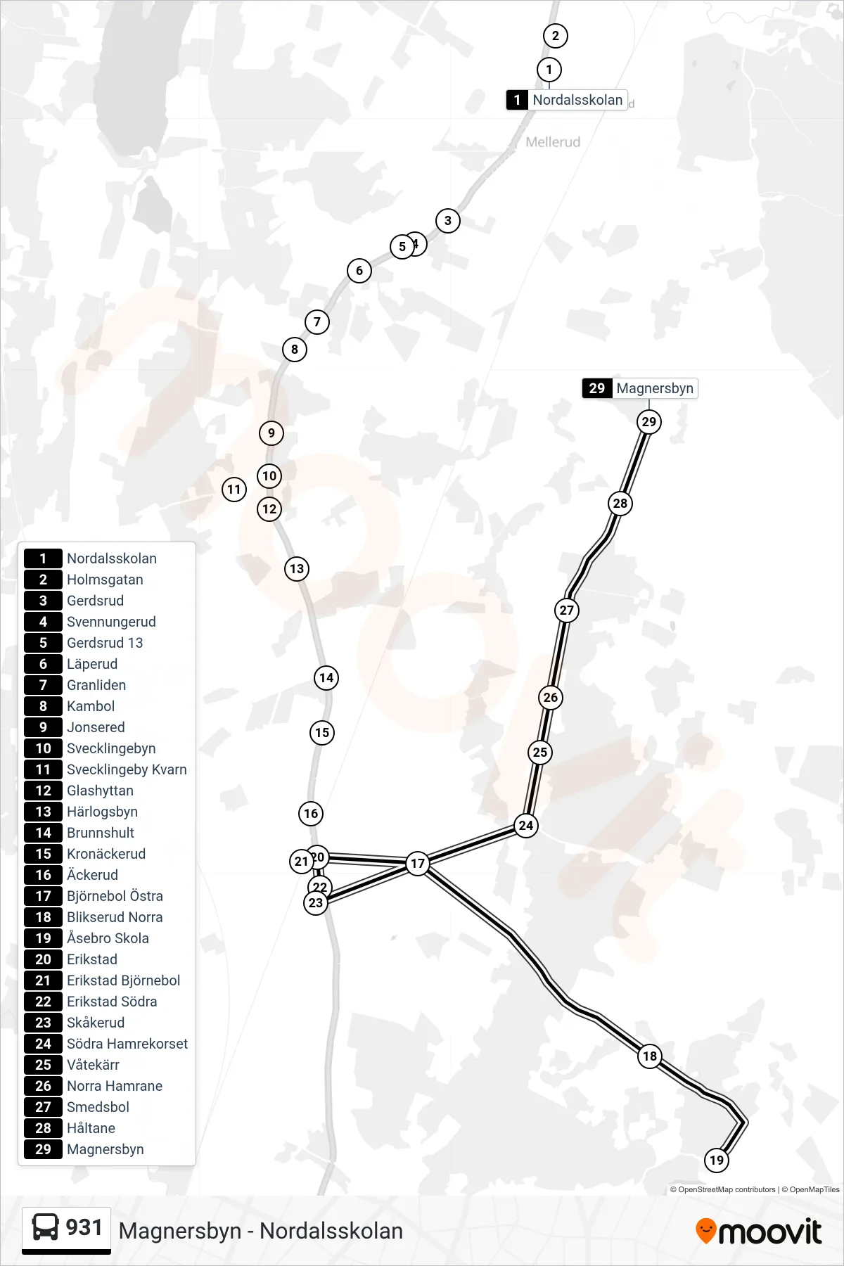 Rutt och hållplatser på karta för linje 931 spårvagn, (Magnersbyn)