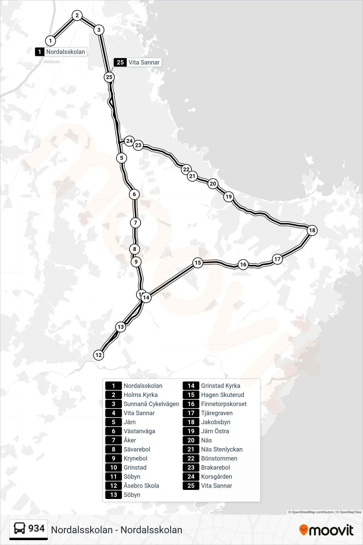 Rutt och hållplatser på karta för linje 934  spårvagn, (Vita Sannar)