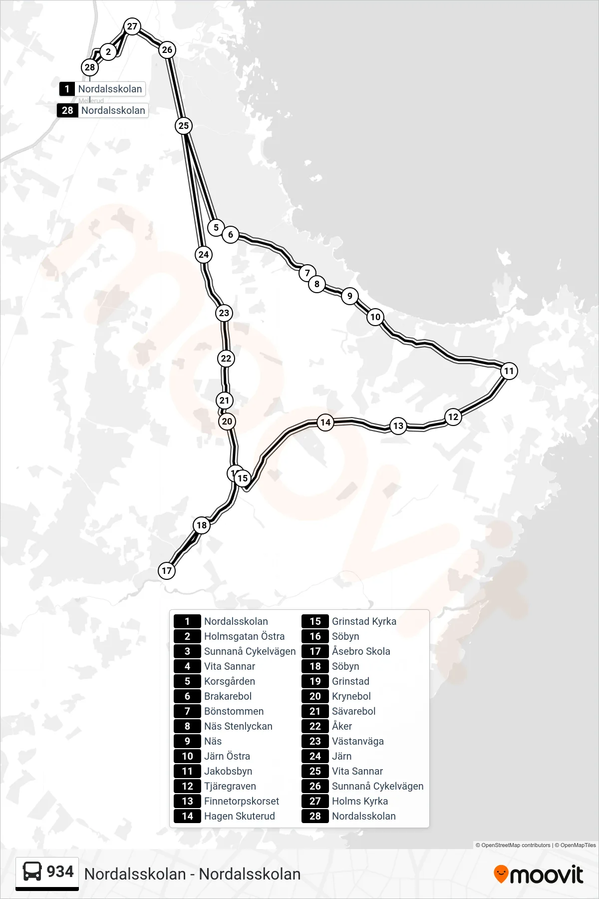 Rutt och hållplatser på karta för linje 934 spårvagn, (Nordalsskolan)