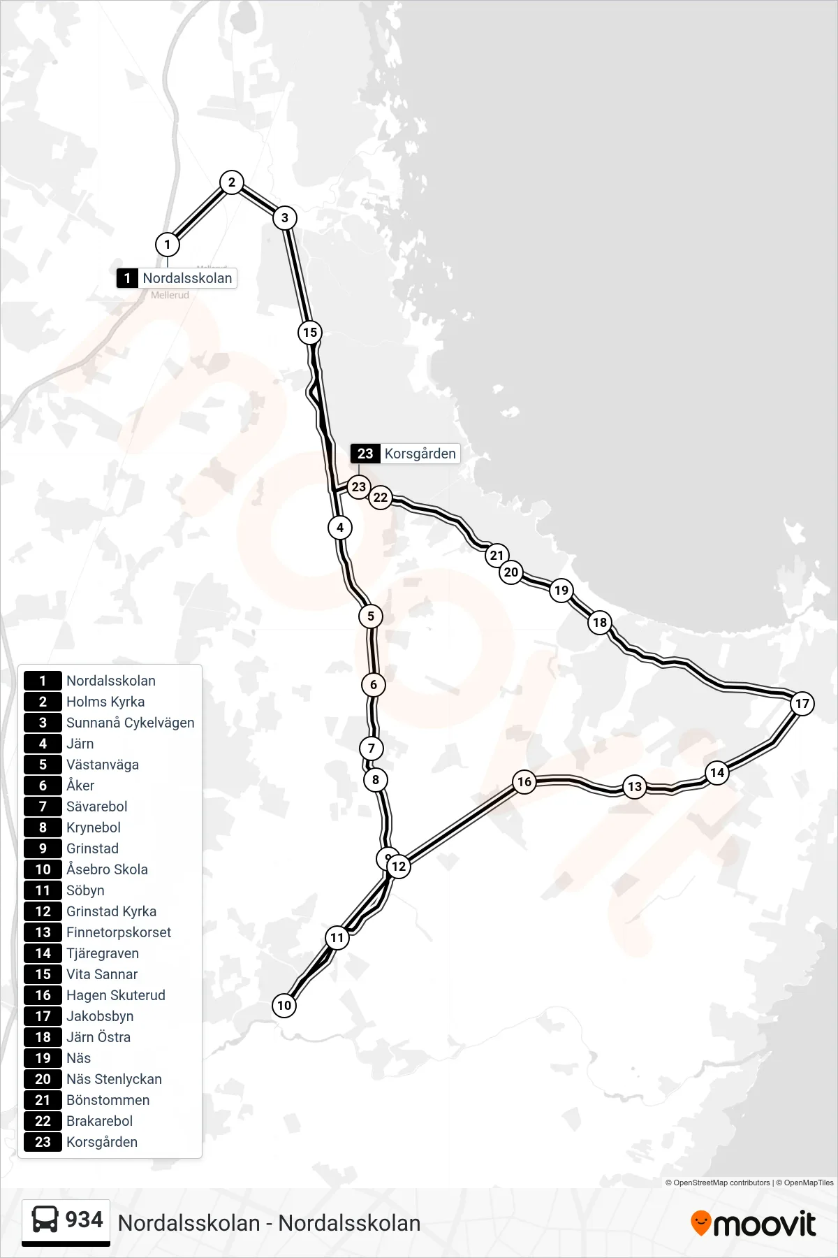 Rutt och hållplatser på karta för linje 934 spårvagn, (Sunnanå Cykelvägen)