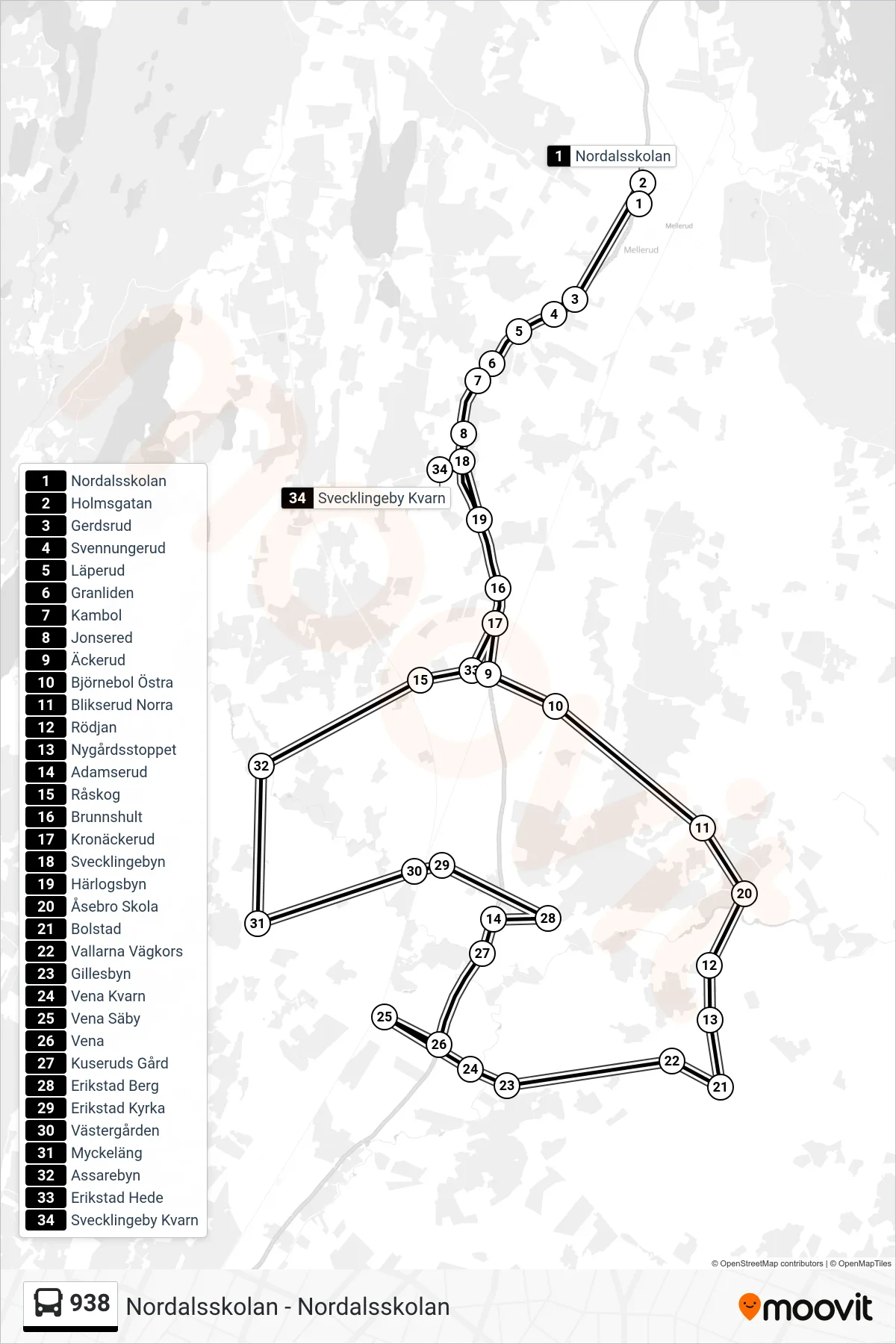 Rutt och hållplatser på karta för linje 938 spårvagn, (Svecklingeby Kvarn)