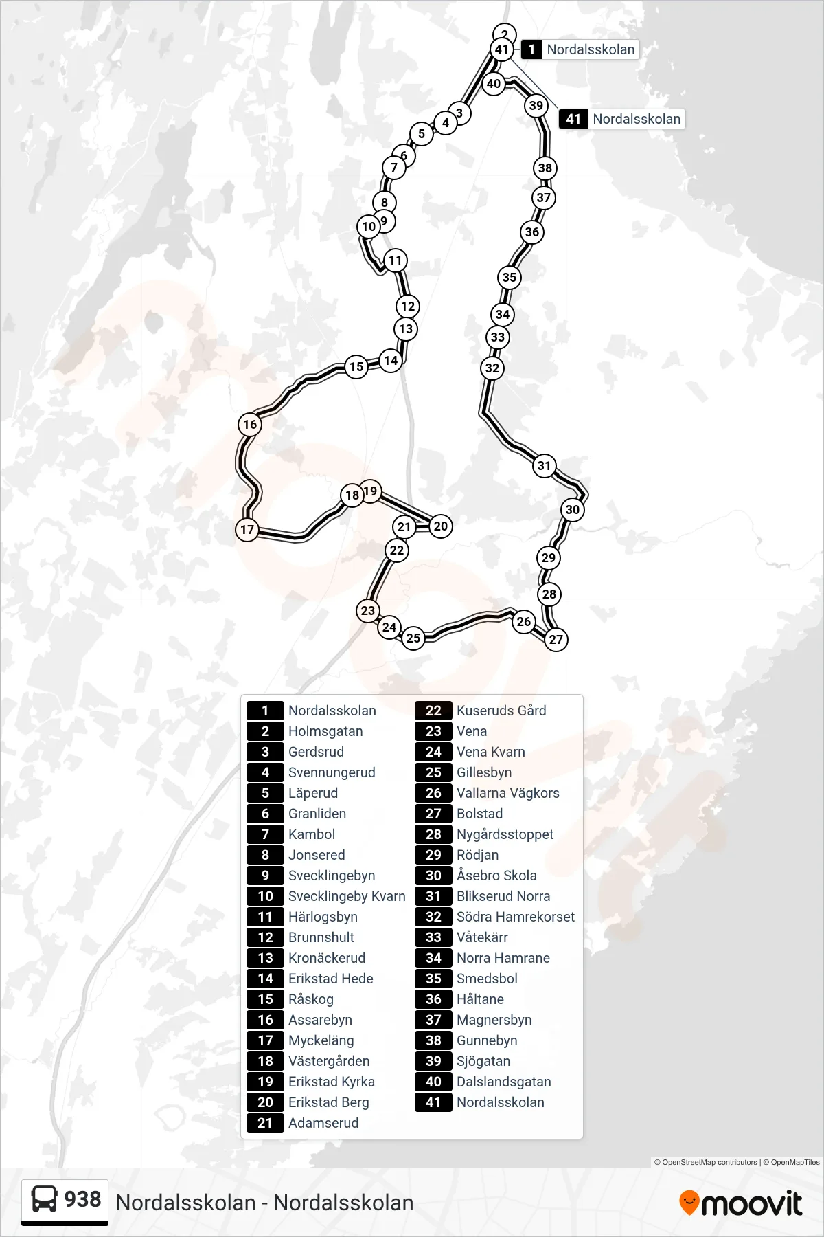 Rutt och hållplatser på karta för linje 938 spårvagn, (Nordalsskolan)