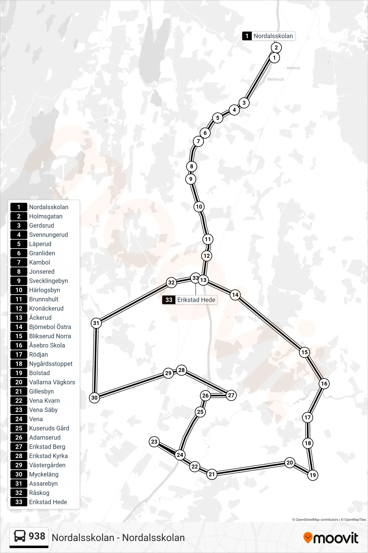 Rutt och hållplatser på karta för linje 938 spårvagn, (Erikstad Hede)