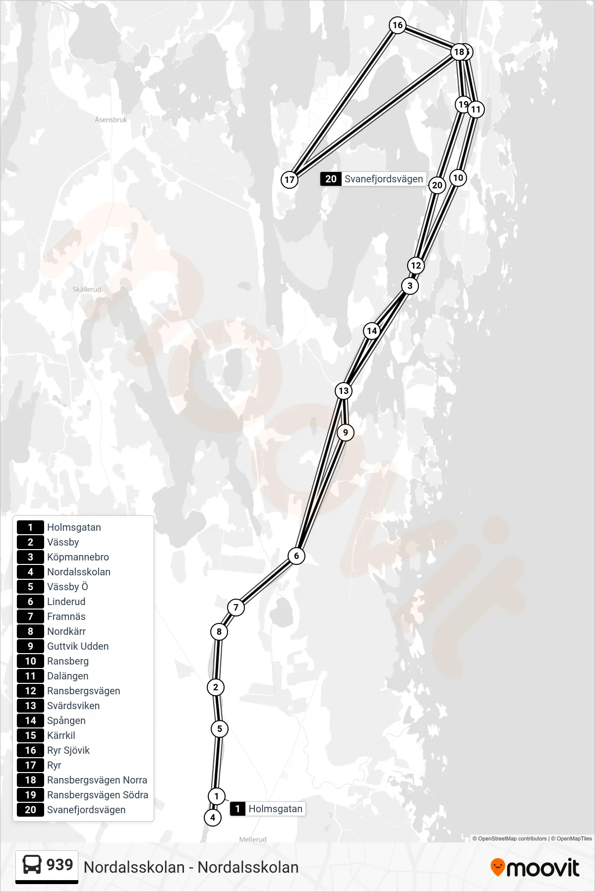 Rutt och hållplatser på karta för linje 939 spårvagn, (Nordalsskolan)