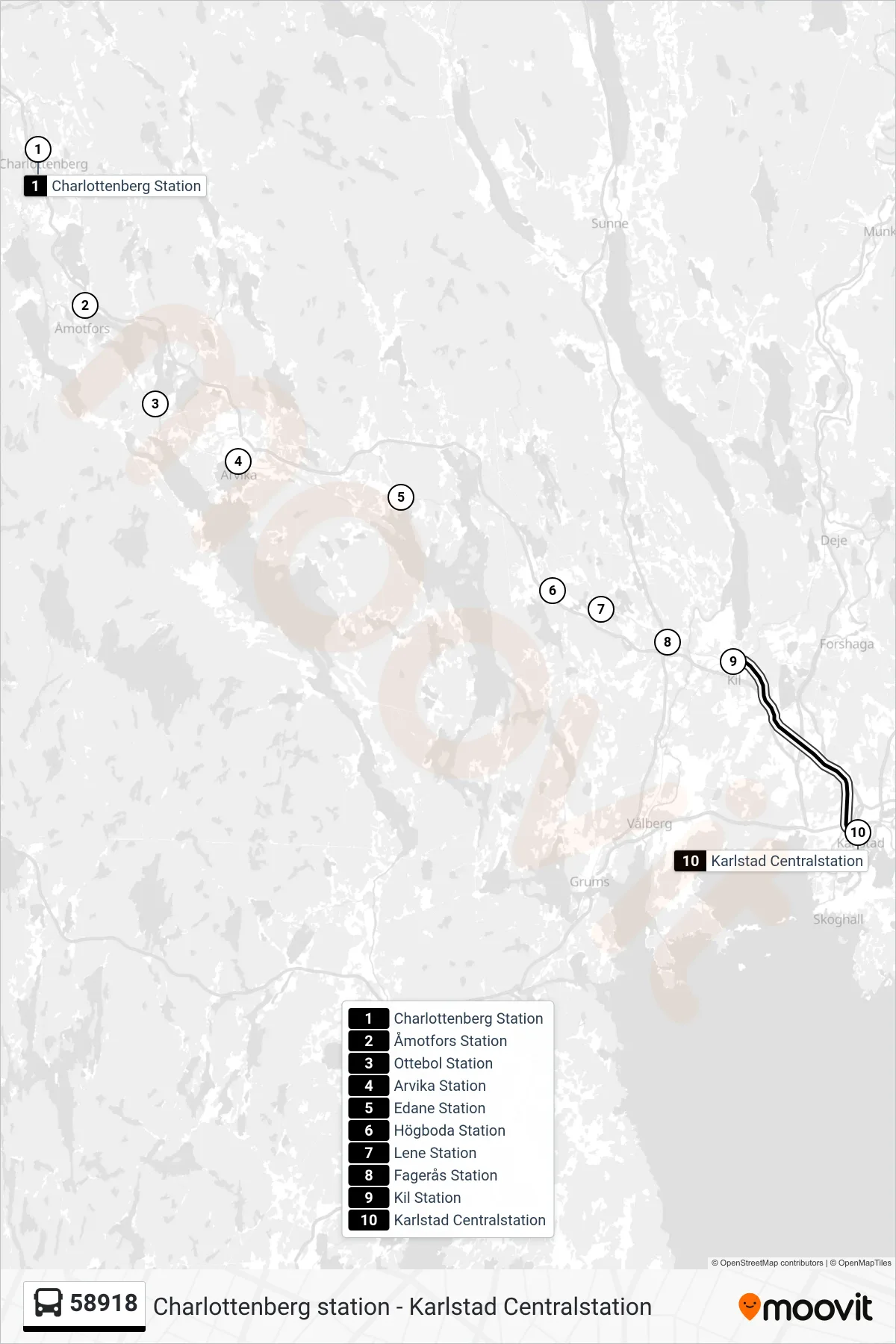 Rutt och hållplatser på karta för linje 58918  spårvagn, (Karlstad Centralstation)