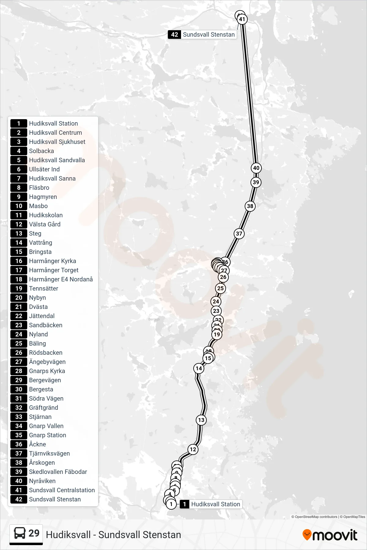 Rutt och hållplatser på karta för linje 29 spårvagn, (Sundsvall Stenstan)