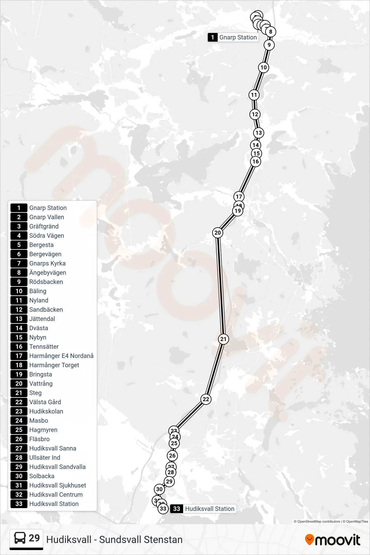 Rutt och hållplatser på karta för linje 29  spårvagn, (Hudiksvall Station)