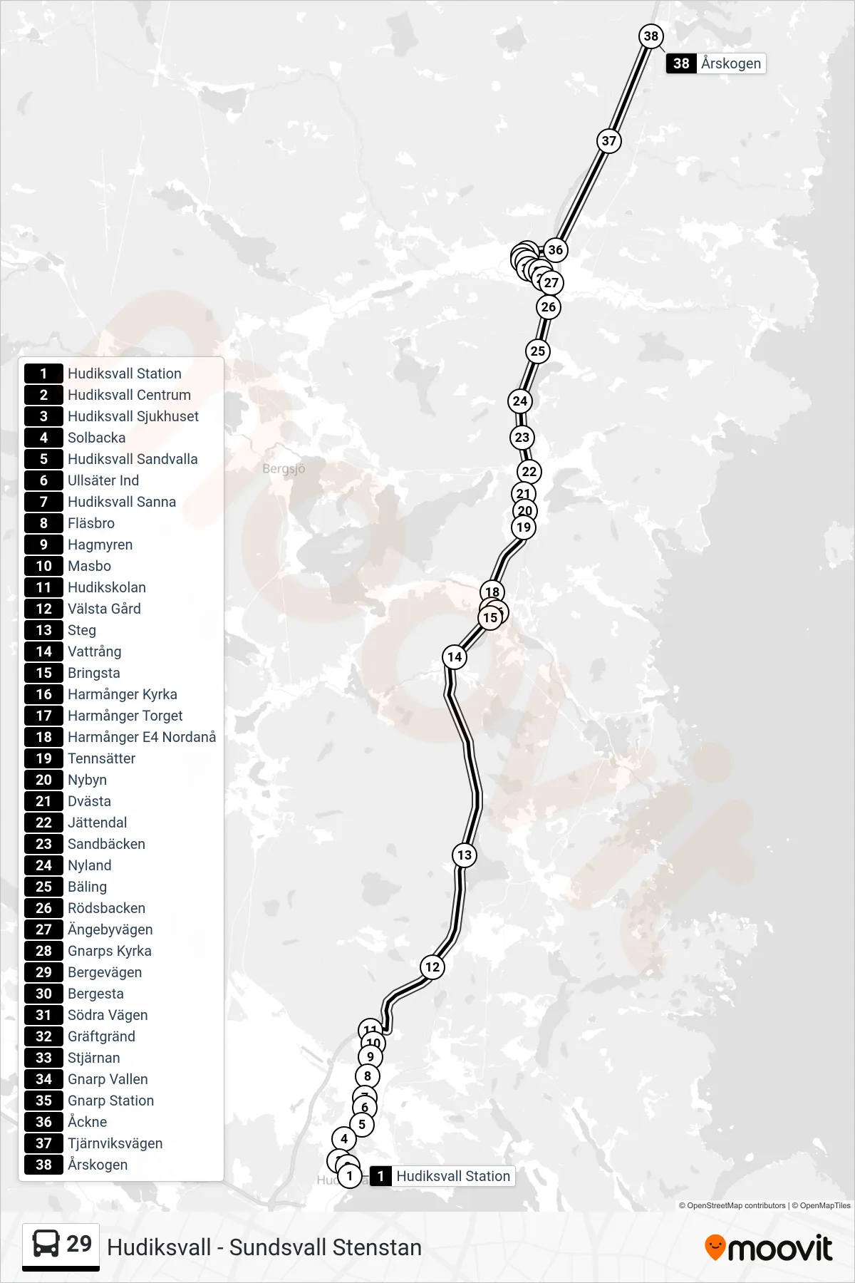 Rutt och hållplatser på karta för linje 29 spårvagn, (Årskogen)