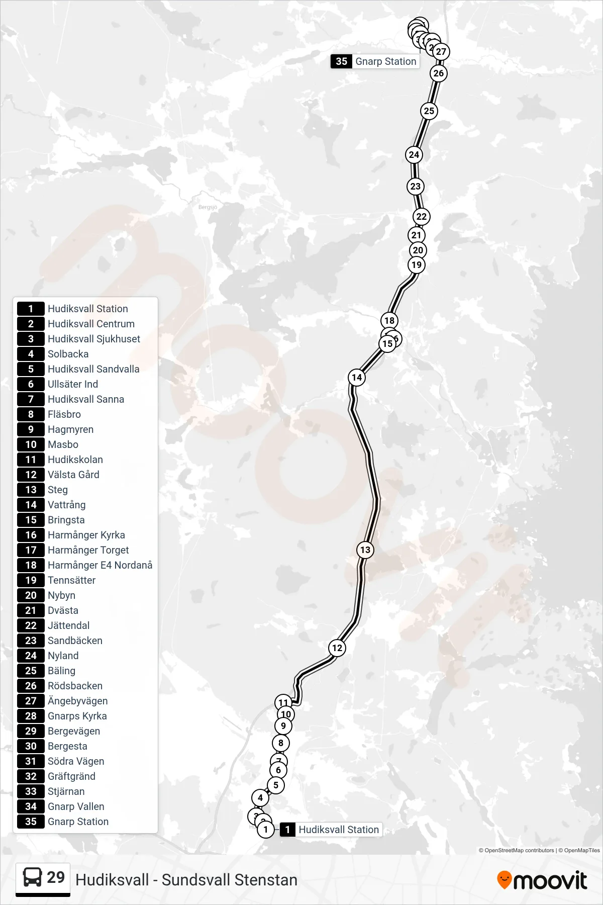 Rutt och hållplatser på karta för linje 29 spårvagn, (Gnarp Station)