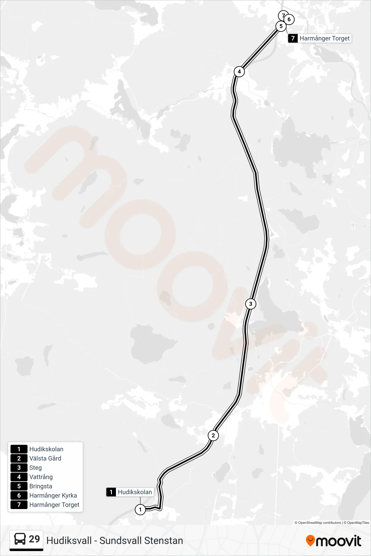 Rutt och hållplatser på karta för linje 29 spårvagn, (Harmånger Torget)