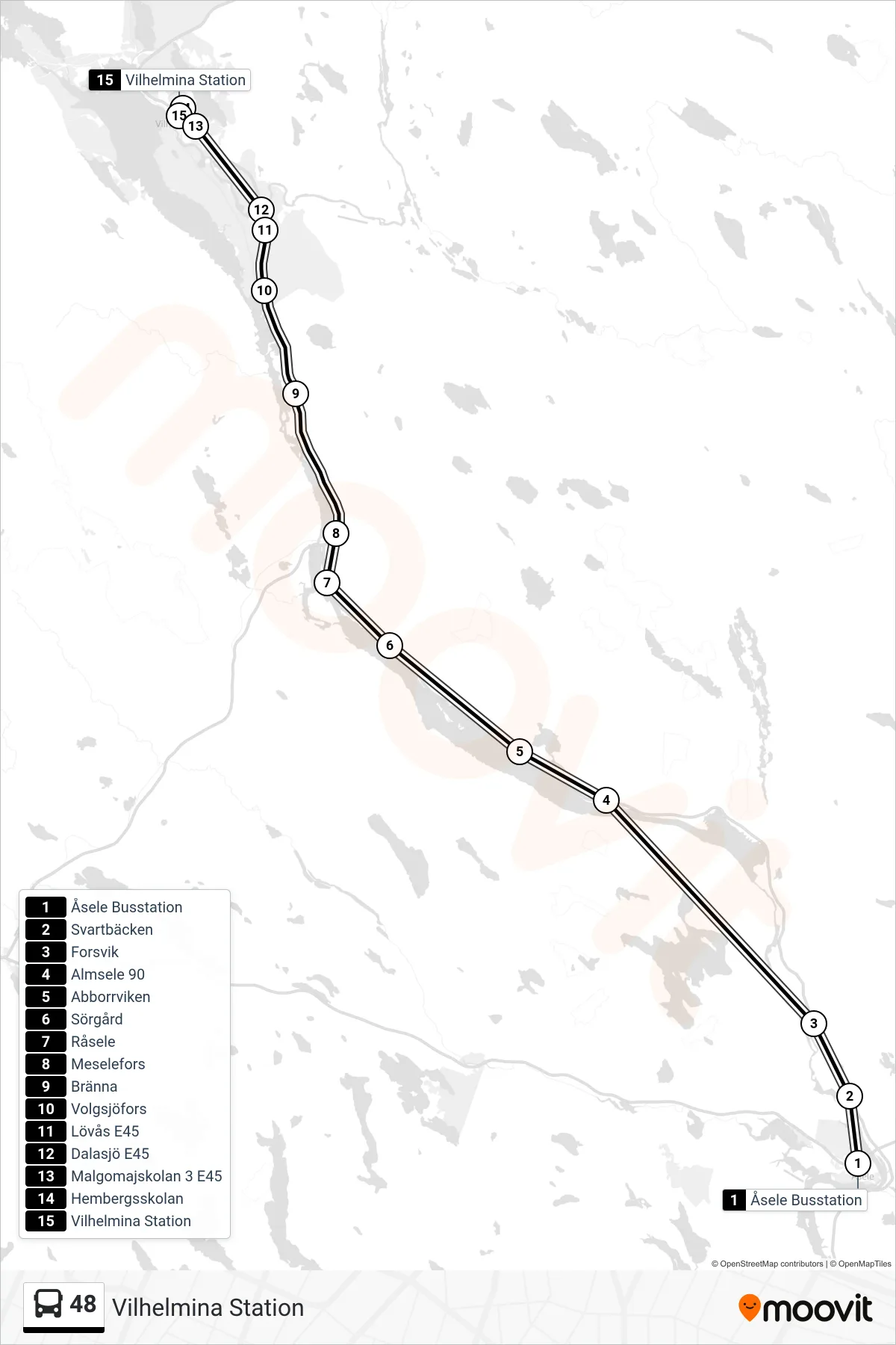 Rutt och hållplatser på karta för linje 48  spårvagn, (Vilhelmina Station)