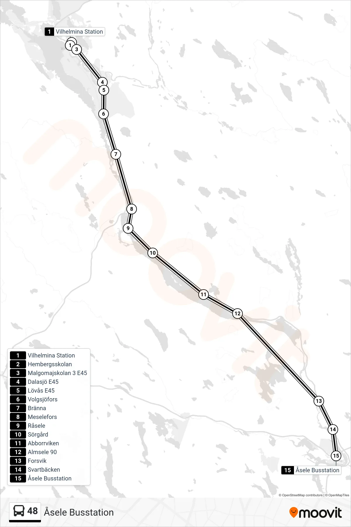 Rutt och hållplatser på karta för linje 48 spårvagn, (Åsele Busstation)