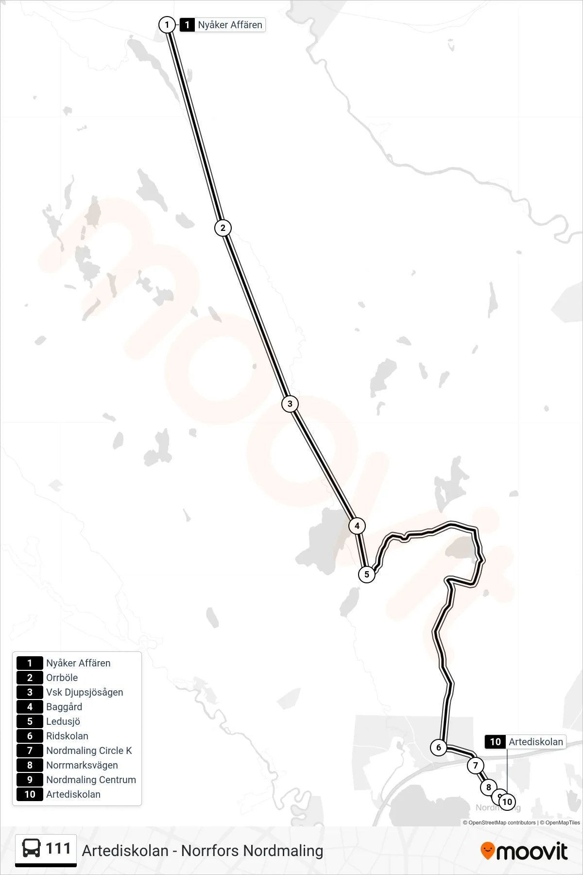 Rutt och hållplatser på karta för linje 111  spårvagn, (Artediskolan)