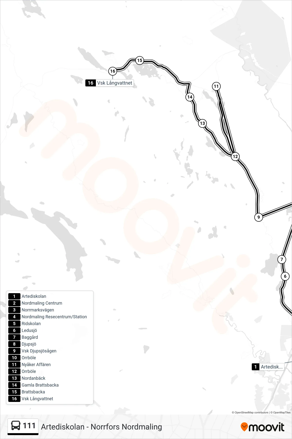 Rutt och hållplatser på karta för linje 111  spårvagn, (Vsk Långvattnet)