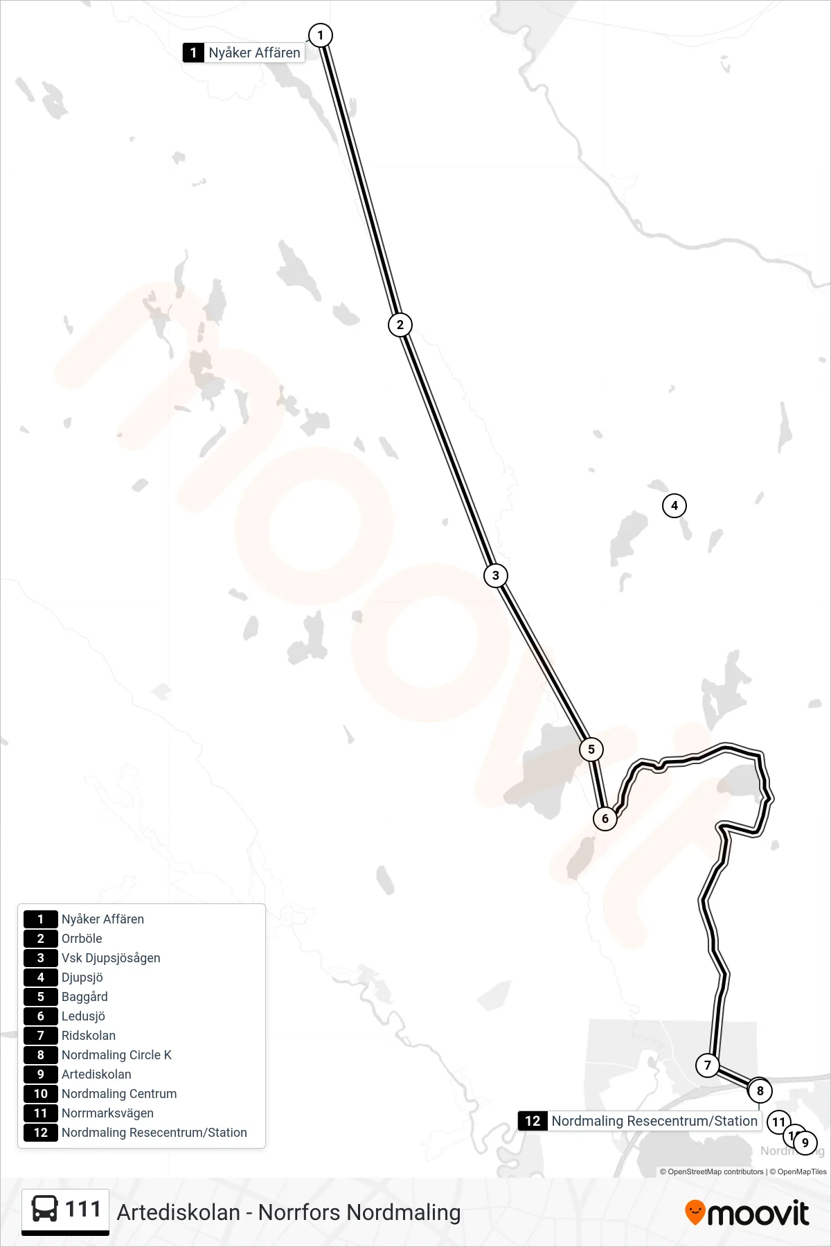 Rutt och hållplatser på karta för linje 111  spårvagn, (Nordmaling Resecentrum/Station)