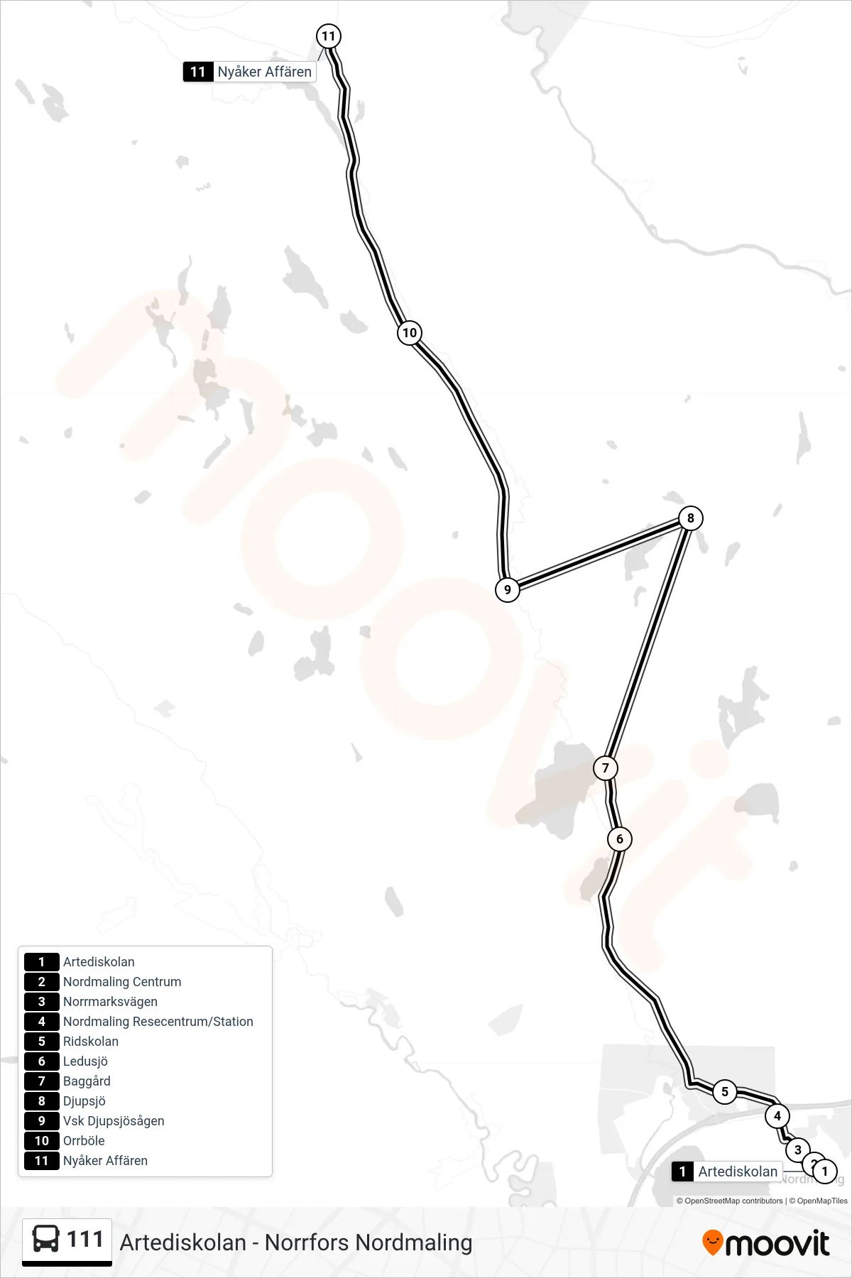 Rutt och hållplatser på karta för linje 111  spårvagn, (Nyåker Affären)