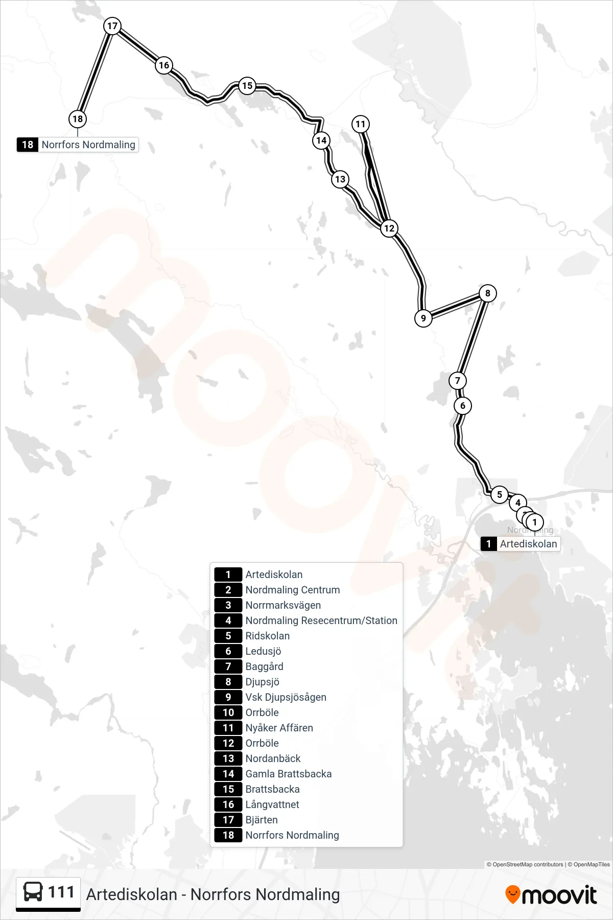 Rutt och hållplatser på karta för linje 111 spårvagn, (Norrfors Nordmaling)
