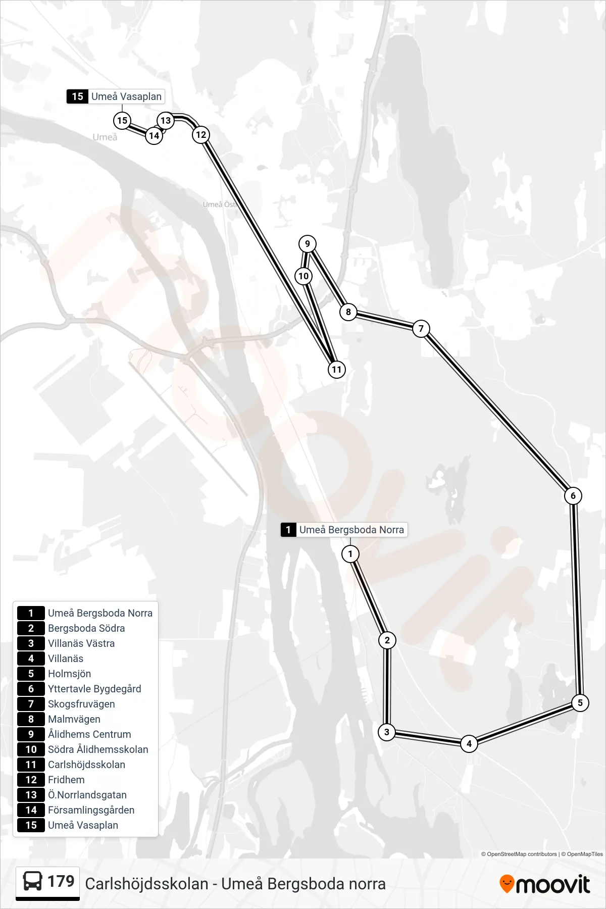 Rutt och hållplatser på karta för linje 179 spårvagn, (Umeå Vasaplan)
