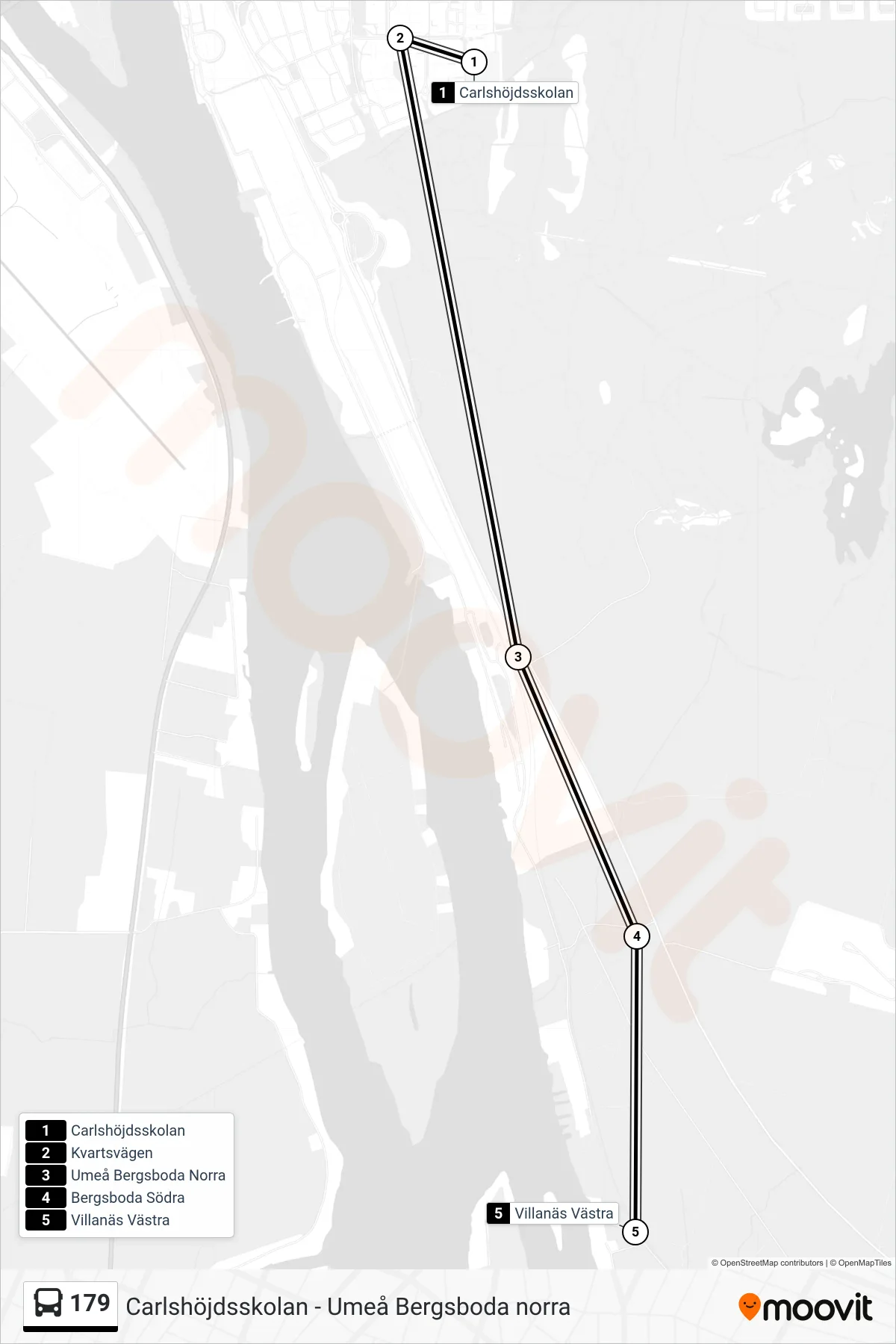 Rutt och hållplatser på karta för linje 179 spårvagn, (Villanäs Västra)