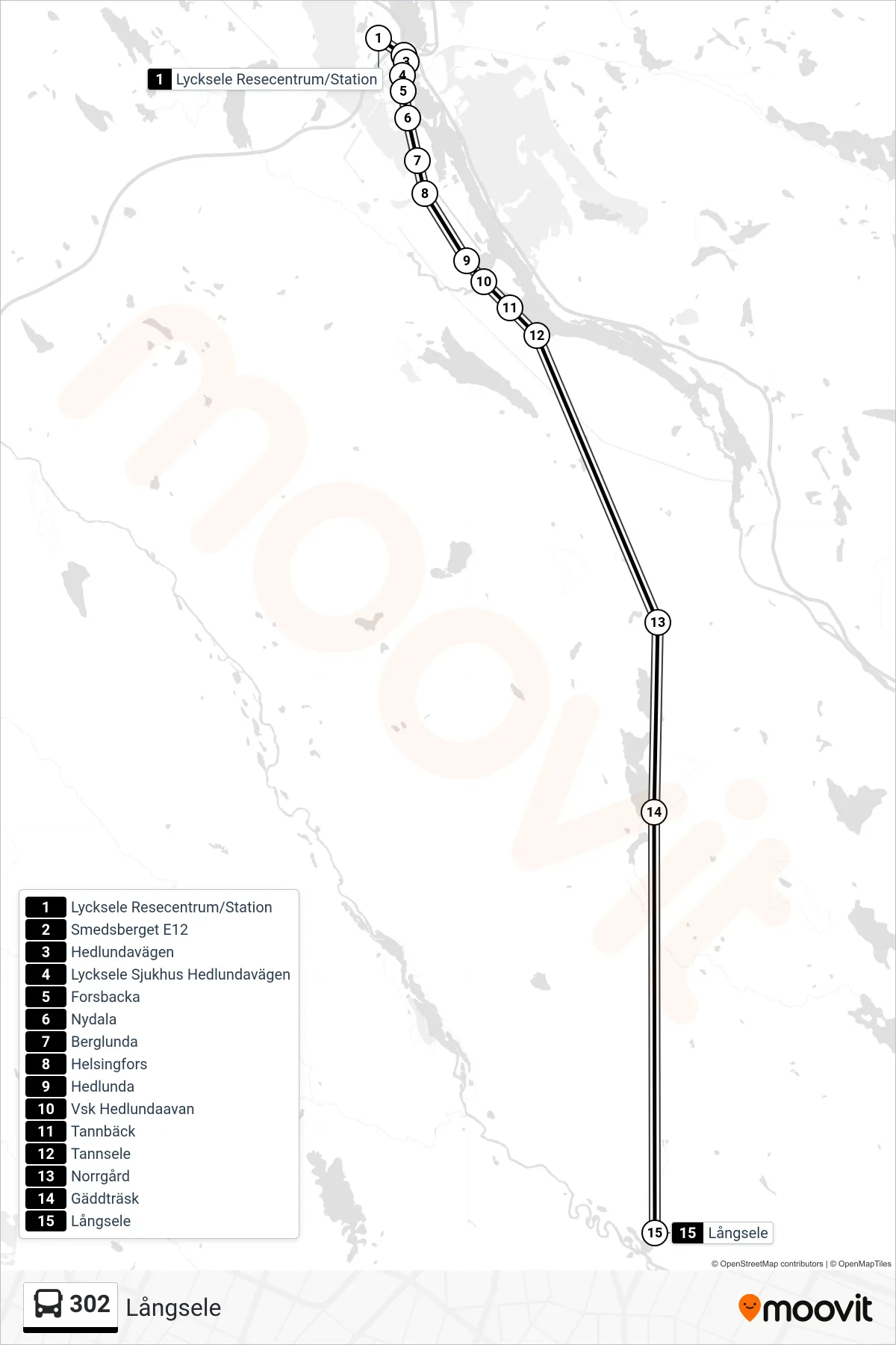 Rutt och hållplatser på karta för linje 302 spårvagn, (Långsele)
