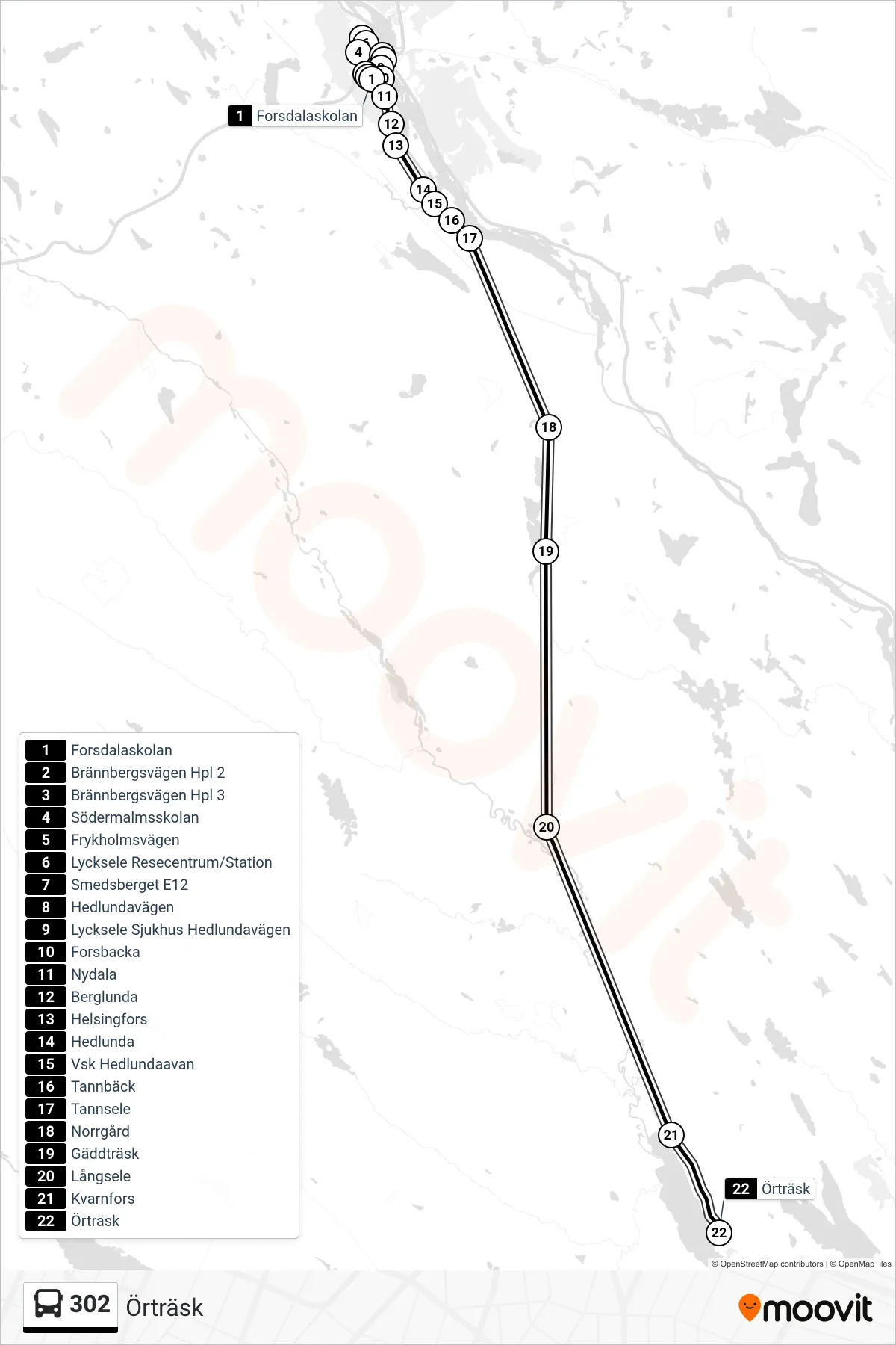 Rutt och hållplatser på karta för linje 302 spårvagn, (Örträsk)