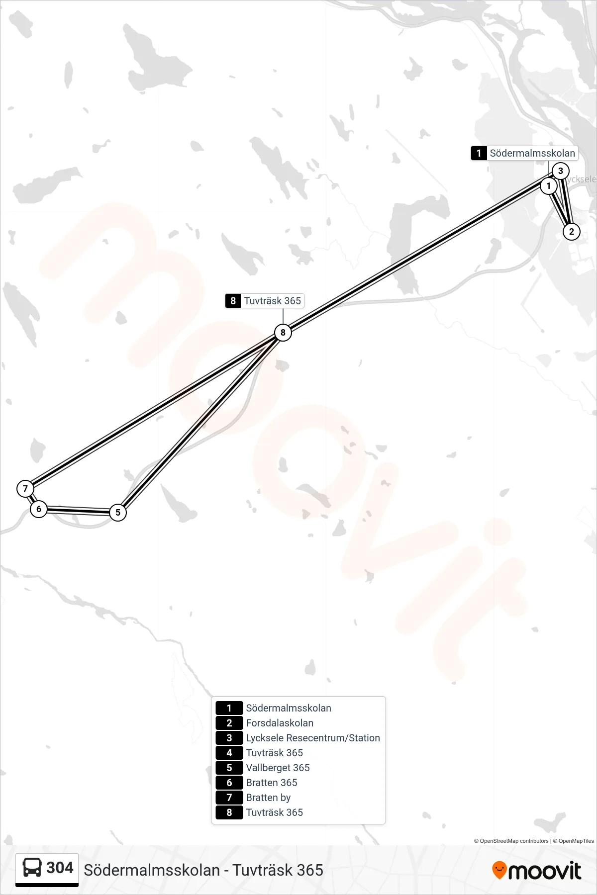 Rutt och hållplatser på karta för linje 304 spårvagn, (Tuvträsk 365)
