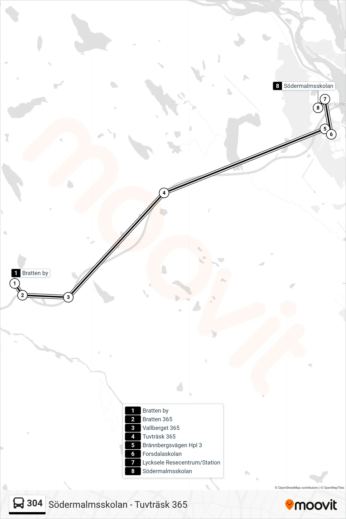 Rutt och hållplatser på karta för linje 304 spårvagn, (Södermalmsskolan)
