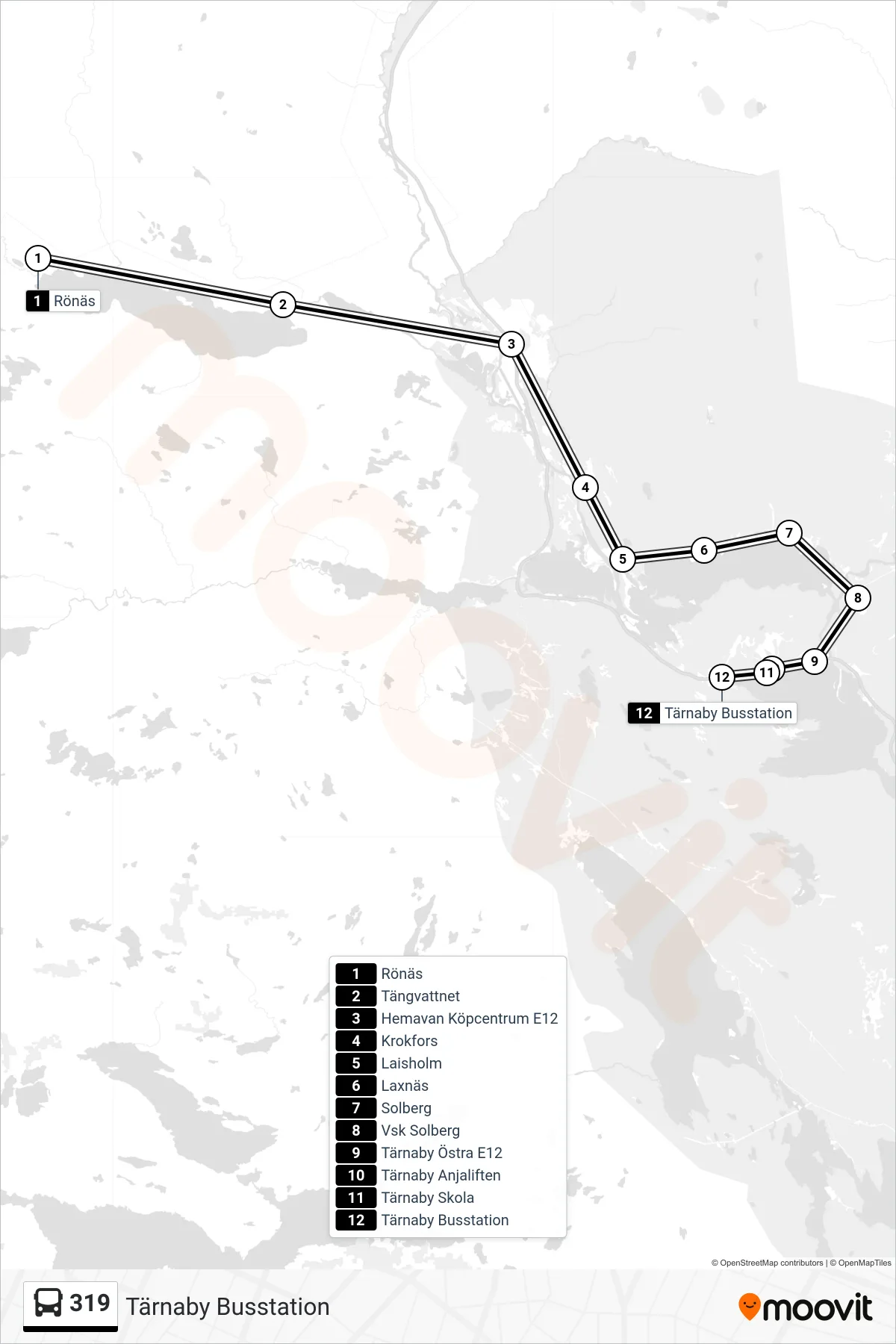 Rutt och hållplatser på karta för linje 319  spårvagn, (Tärnaby Busstation)