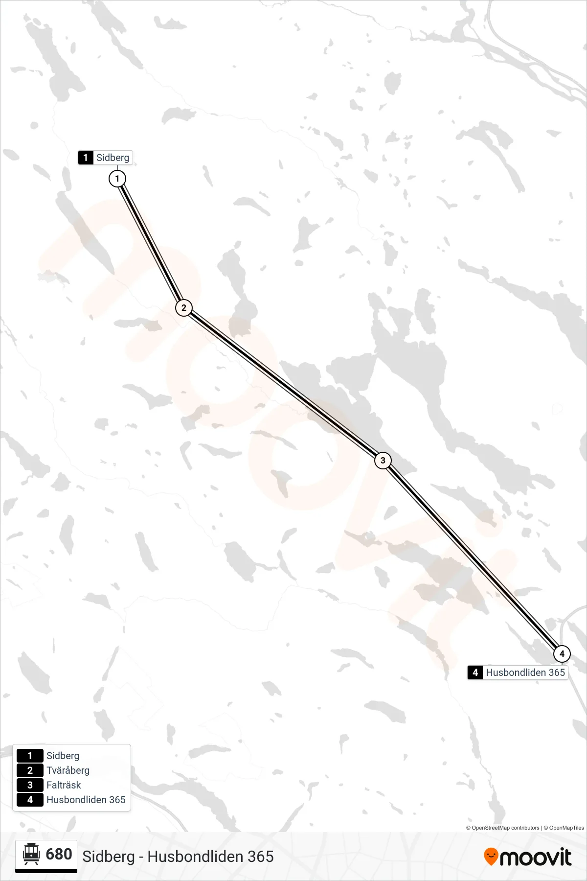 Rutt och hållplatser på karta för linje 680 spårvagn, (Husbondliden 365)