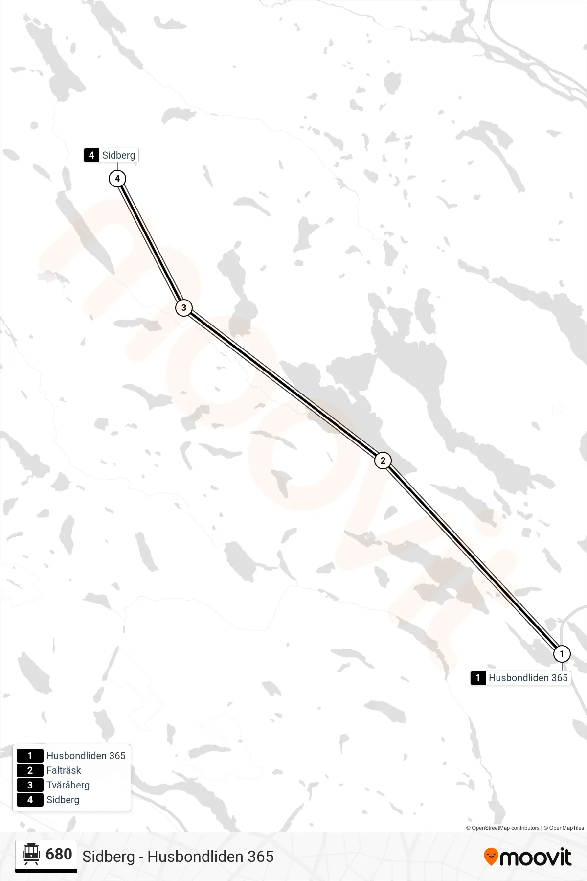 Rutt och hållplatser på karta för linje 680  spårvagn, (Sidberg)